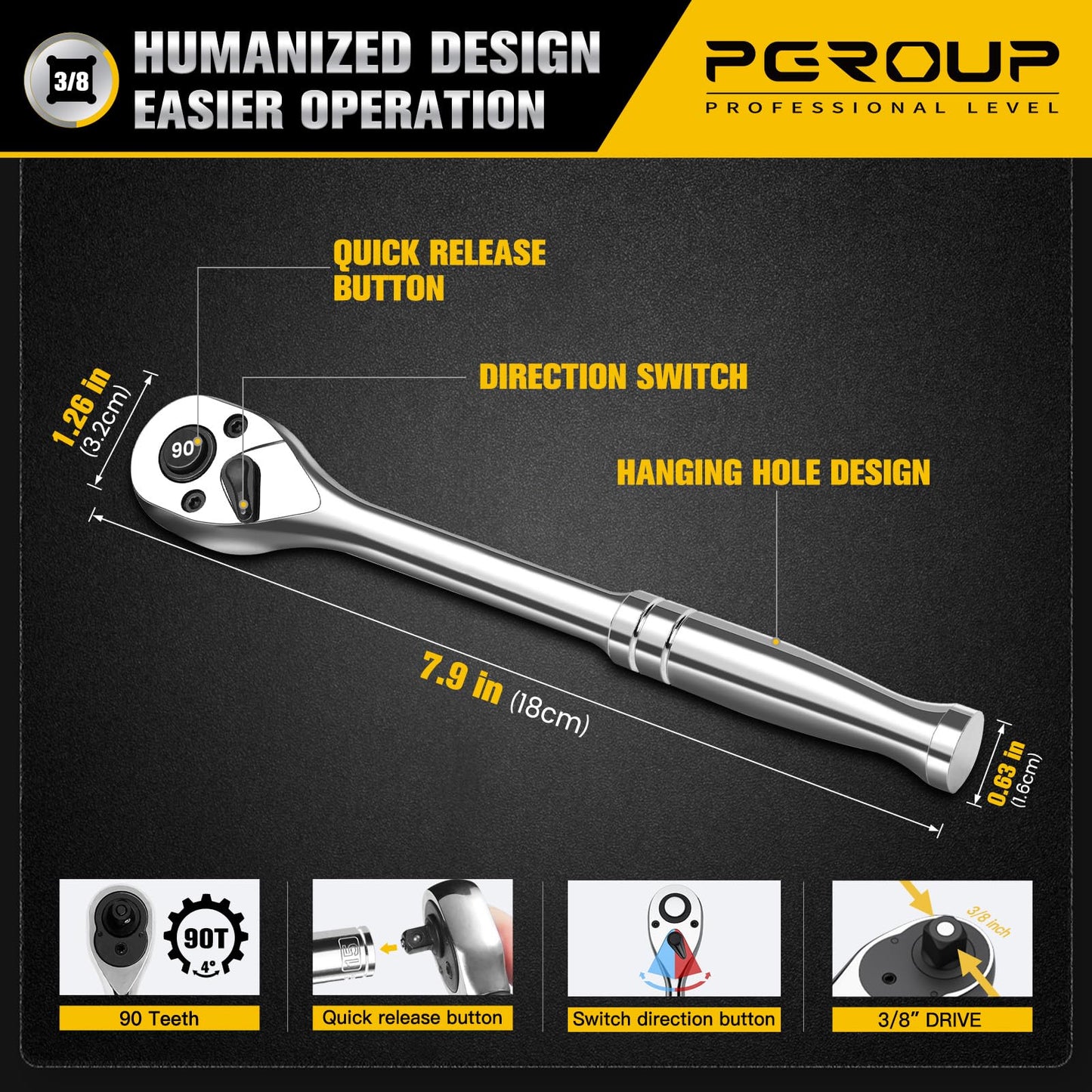 pgroup 3/8" Drive Socket Set, 52-Piece SAE (3/16-9/16 in) and Metric (4-14 mm) Deep & Shallow Socket Kit, 90-Tooth Ratchet Wrench, 6-Point, Chrome Vanadium Steel Mechanic Tool Set