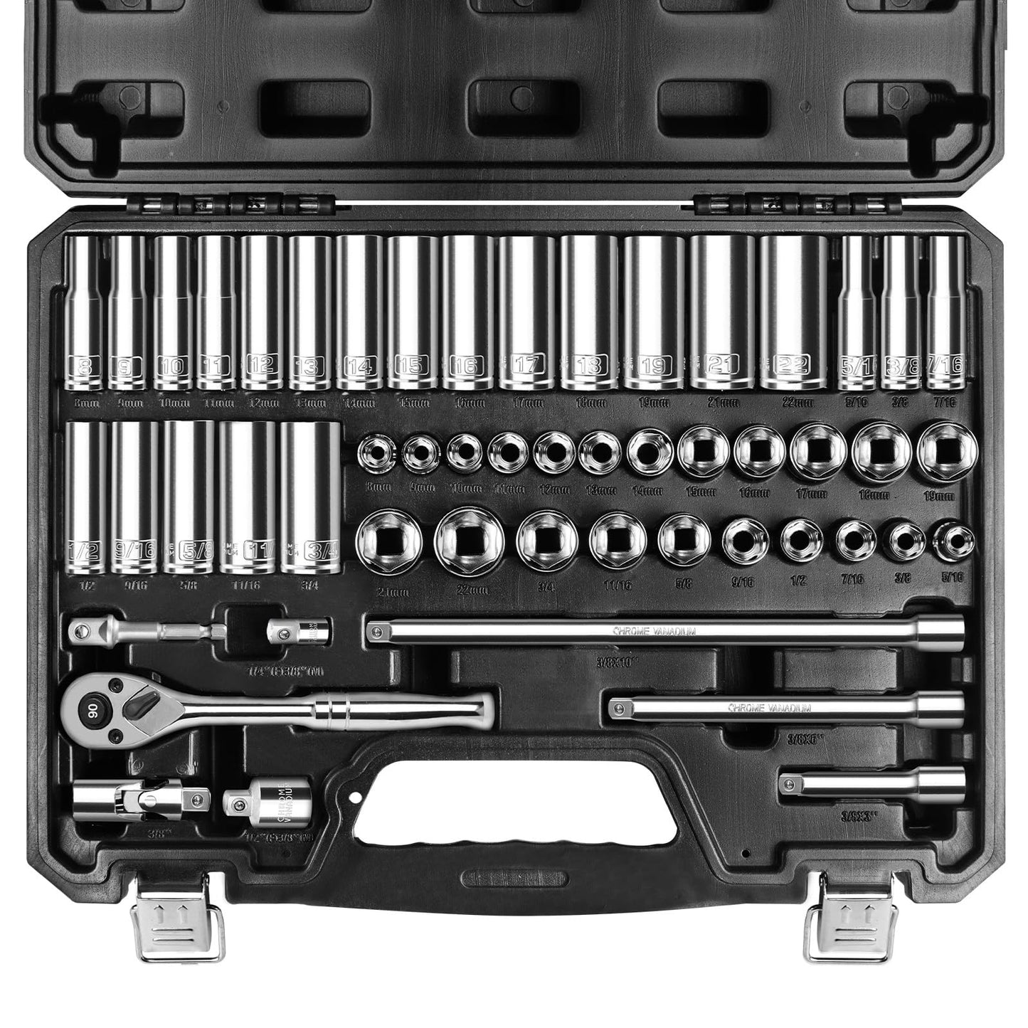 pgroup 3/8" Drive Socket Set, 52-Piece SAE (3/16-9/16 in) and Metric (4-14 mm) Deep & Shallow Socket Kit, 90-Tooth Ratchet Wrench, 6-Point, Chrome Vanadium Steel Mechanic Tool Set