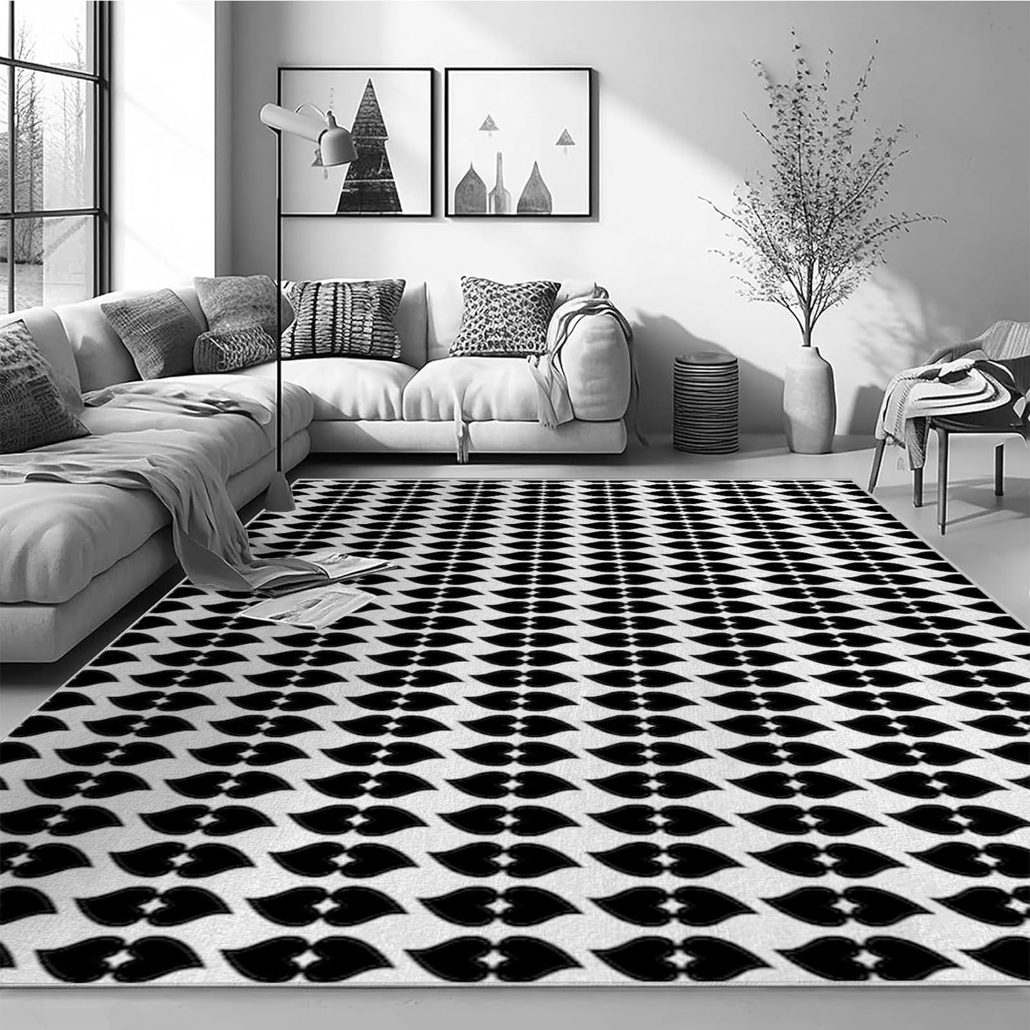3×5ft Modern Geometric Floral Area Rug - Non Slip Low Pile Polyester Rug for Living Room,Bedroom,Office 3D Stereoscopic Vision,Machine Washable Geometric Design Carpet Black/White Q1903