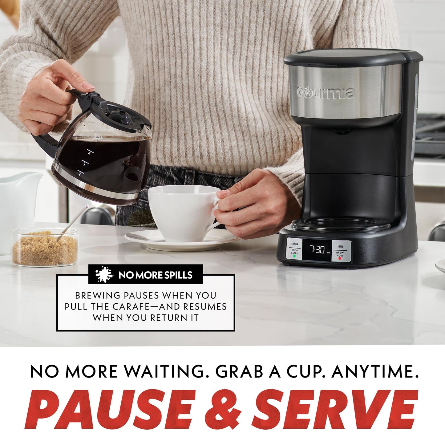 Gourmia GCM3518 5-Cup Programmable Drip Coffee Maker, Brew Later Timer, Adjustable 4-Hr Keep Warm, Pause & Serve, Freshness Timer, 700 W Compact Glass Carafe, EZ-View Water Window