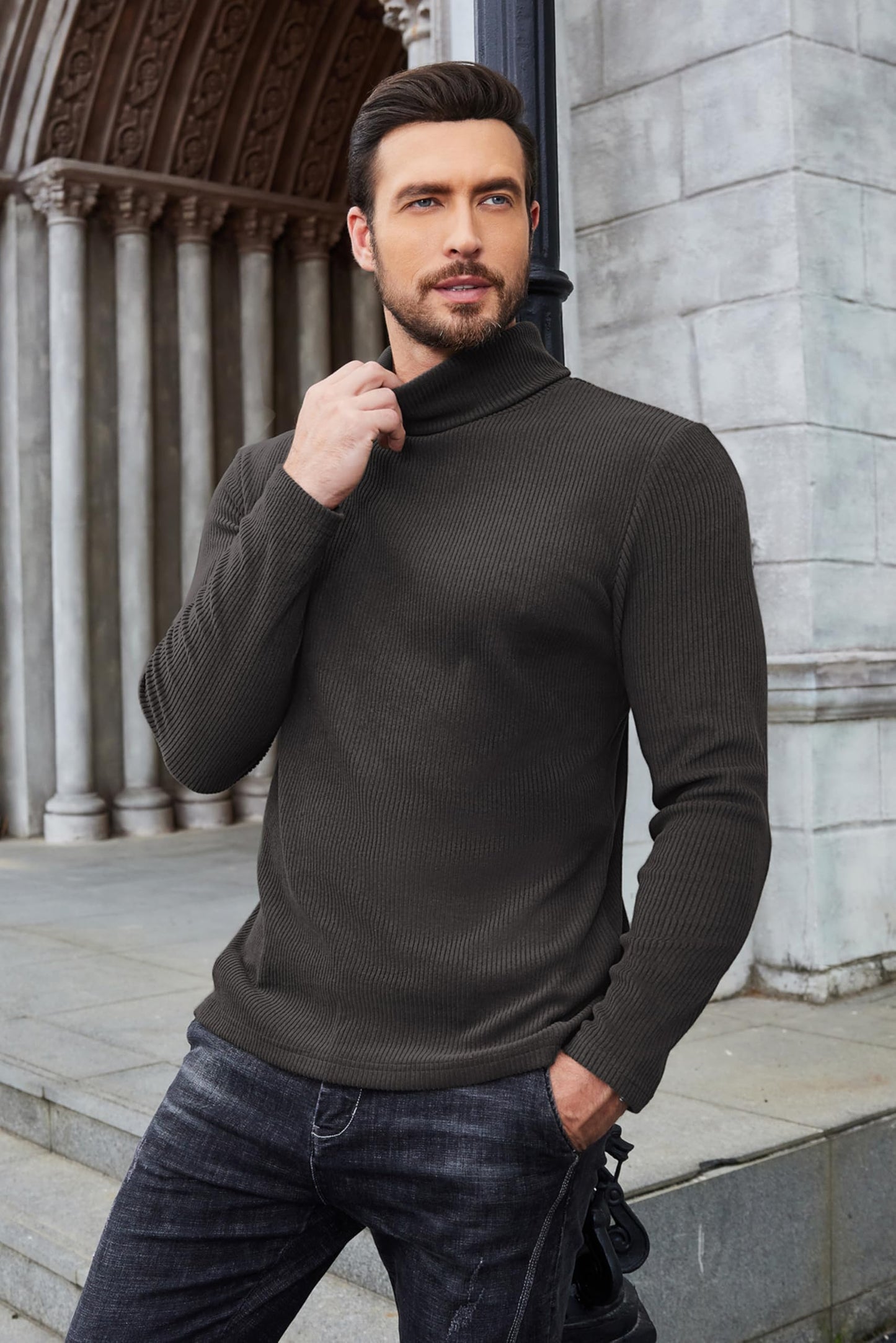 COOFANDY Mens Knitted Turtleneck Long Sleeve Turtle Neck Ribbed Pullover Sweater Thermal Casual High Neck Dark Gray