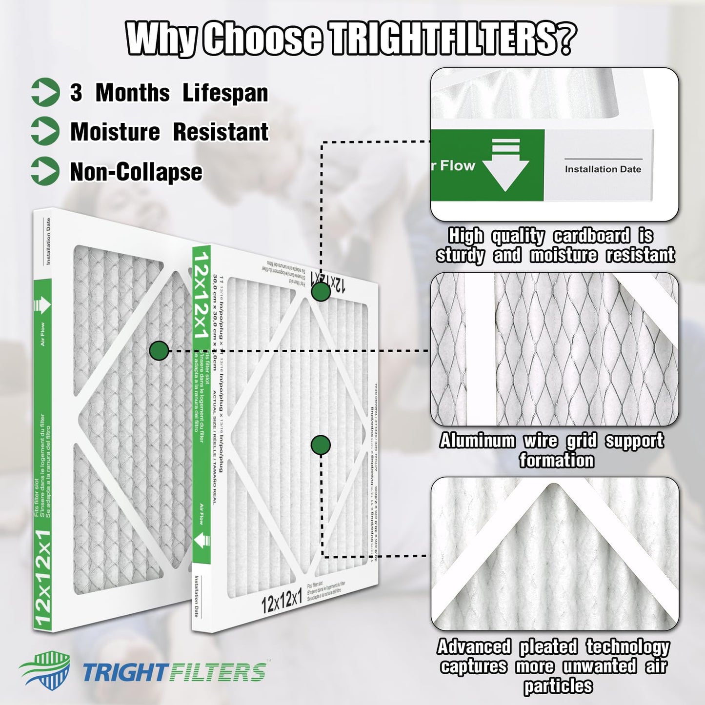 TRIGHTFILTERS 12x12x1 Air Filter 6 Pack, Durable MERV 8 Pleated Home HVAC AC Furnace Filters, Lightweight Compact Air Conditioner Filter Replacement