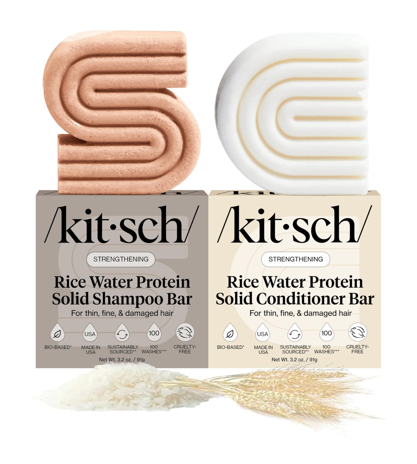 Kitsch Rice Water Shampoo & Conditioner Set - Solid Shampoo & Conditioner Bar with Protein for Strengthening Hair & Damage Repair - Paraben, Sulfate and Silicone Free - Nourishing Hair Care - 2 pack