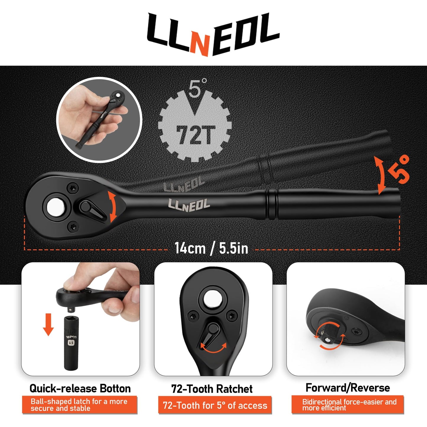 LLNEDL 1/4 inch Drive Socket Set & Nut Driver Set 44PCS, Metric Sockets Deep&Shallow (4-15mm) with Ratchet, 6" Magnetic Nut Drivers with 1/4" Hex Shank(6-14mm), Drill Bits (PH1/PH2)