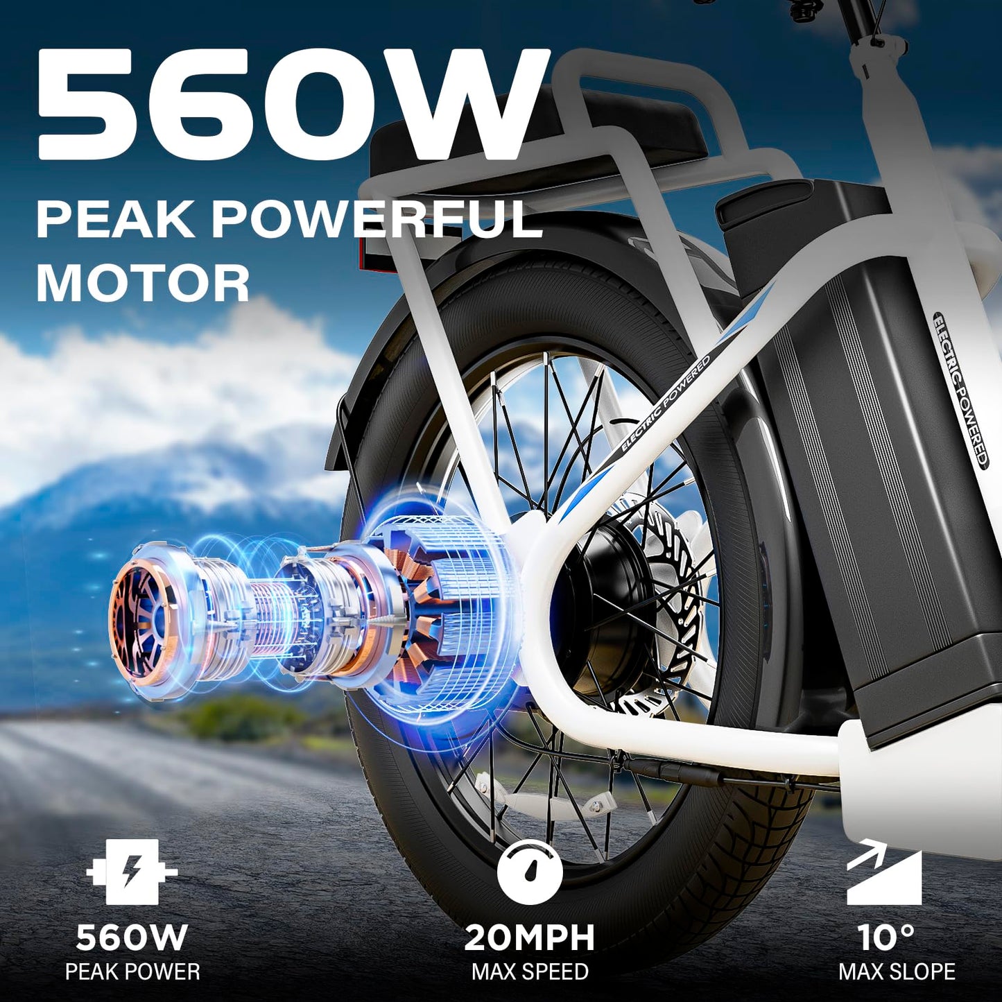 Caroma Peak 500W Electric Scooter with Seat, 20" Fat Tire Electric Bike with 36V Removable Battery, Up to 15Miles & 20MPH, Foldable Adult Electric Bicycles for Commuting with Basket (White)