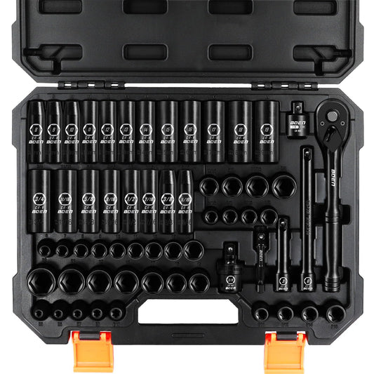 BOEN 3/8" Drive Impact Socket Set, 59-Piece Standard SAE (5/16 to 3/4 inch) and Metric (6-22mm), Include 9-Piece E-Torx Socket Set (E5-E16) 丨Ratchet Handle, Extension Bar, Universal Joint, Adapter
