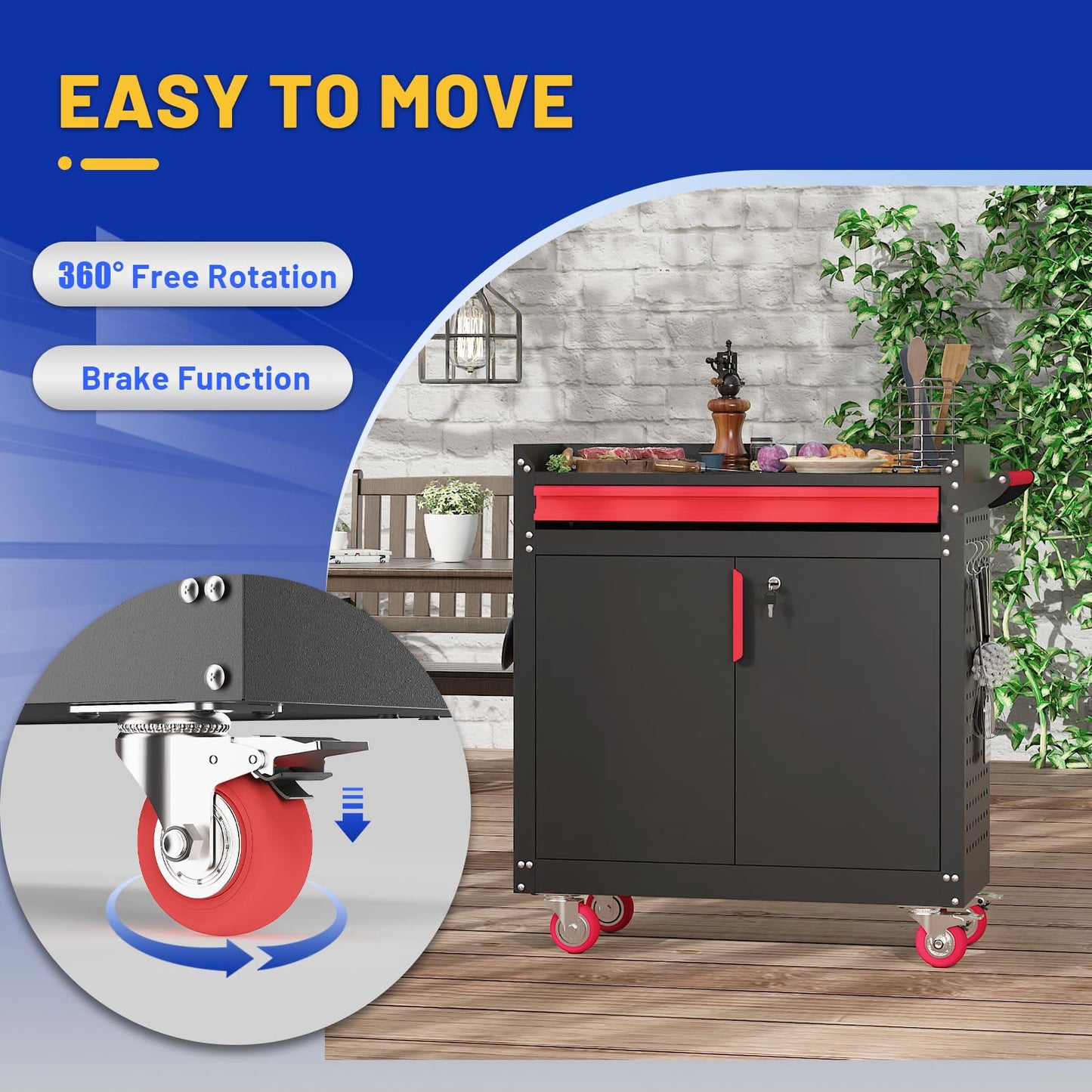 Eltean Metal Grill Cart - Outdoor Grill Cart with Storage,Grill Table with Wheels,Outdoor Bar Cart with Adjustable Shelf for Kitchen Prep and Patio BBQ