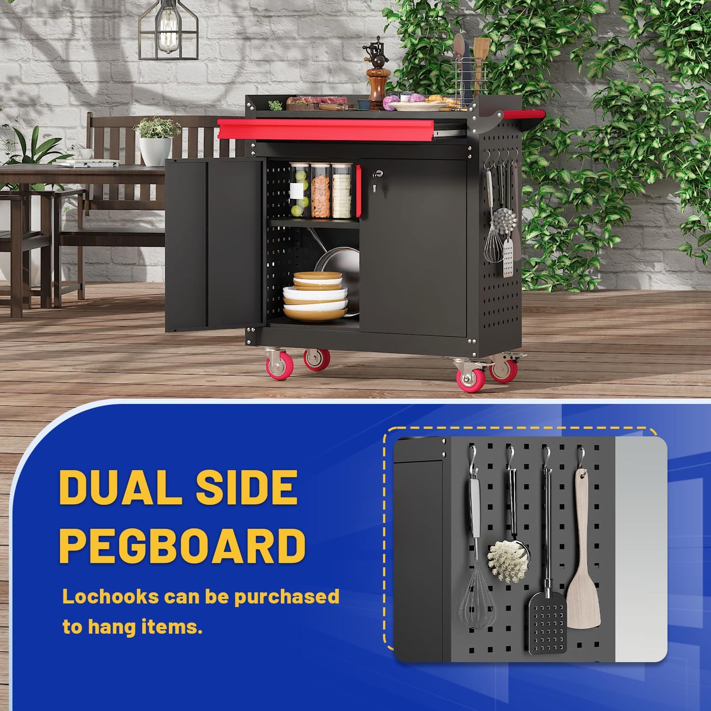 Eltean Metal Grill Cart - Outdoor Grill Cart with Storage,Grill Table with Wheels,Outdoor Bar Cart with Adjustable Shelf for Kitchen Prep and Patio BBQ