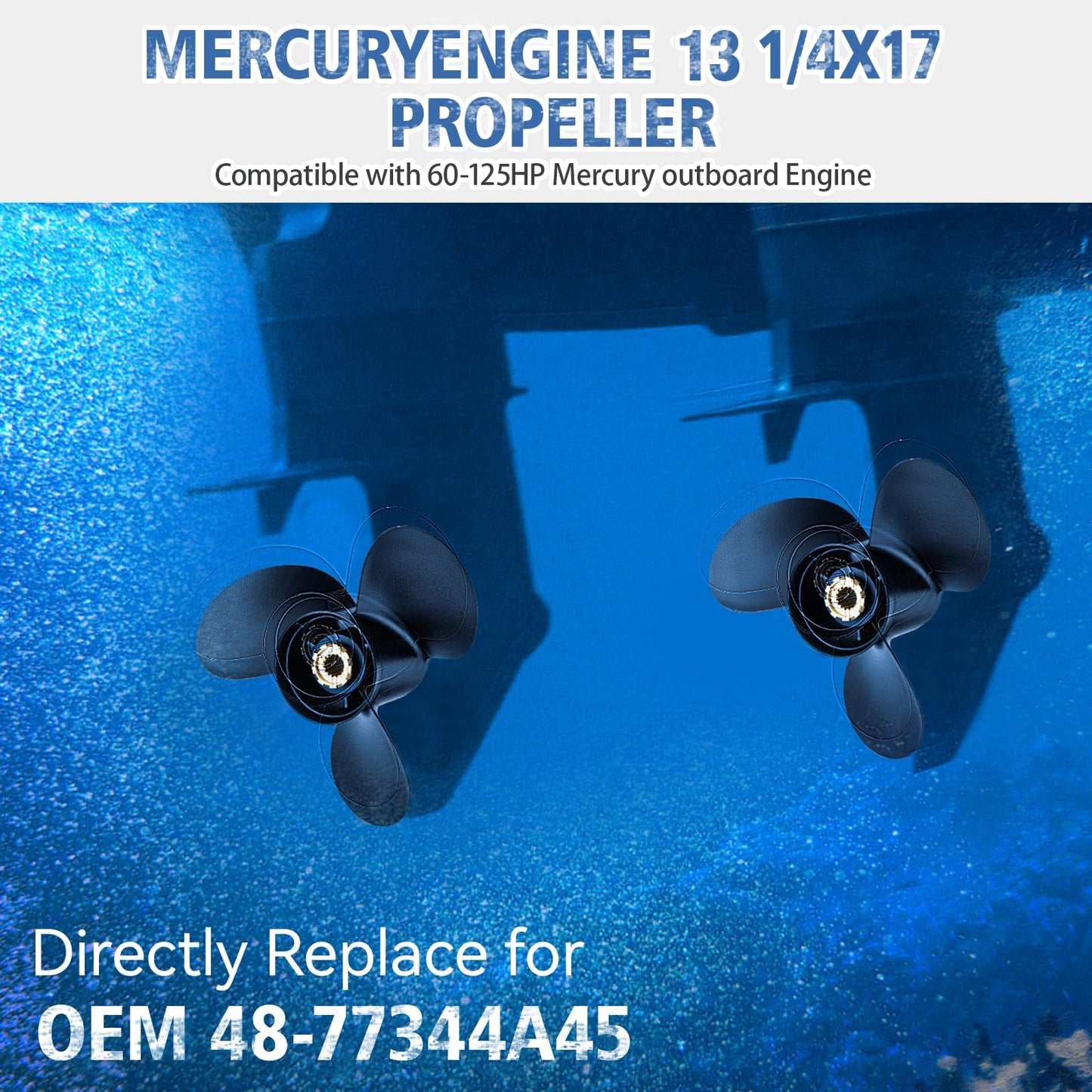 Qiclear 13 1/4x17 Pitch 48-77344A45 OEM Upgrade Aluminium Boat Propeller fit Mercury Outboard Motos 60 75 90 100 115 Hp,15 Spline Tooth,Hub Kits Included,Rh,13.25 x 17p