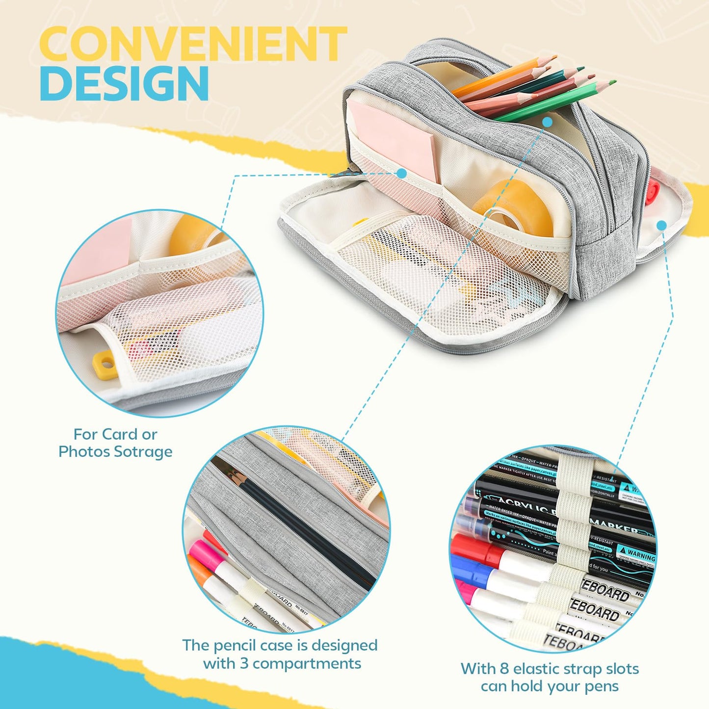 Large Capacity Pencil Case Pencil Pouch Pen Bag with 3 Compartment Stationery Organizer with Zipper, School Supplies Organizer for Teen Adults (Grey)