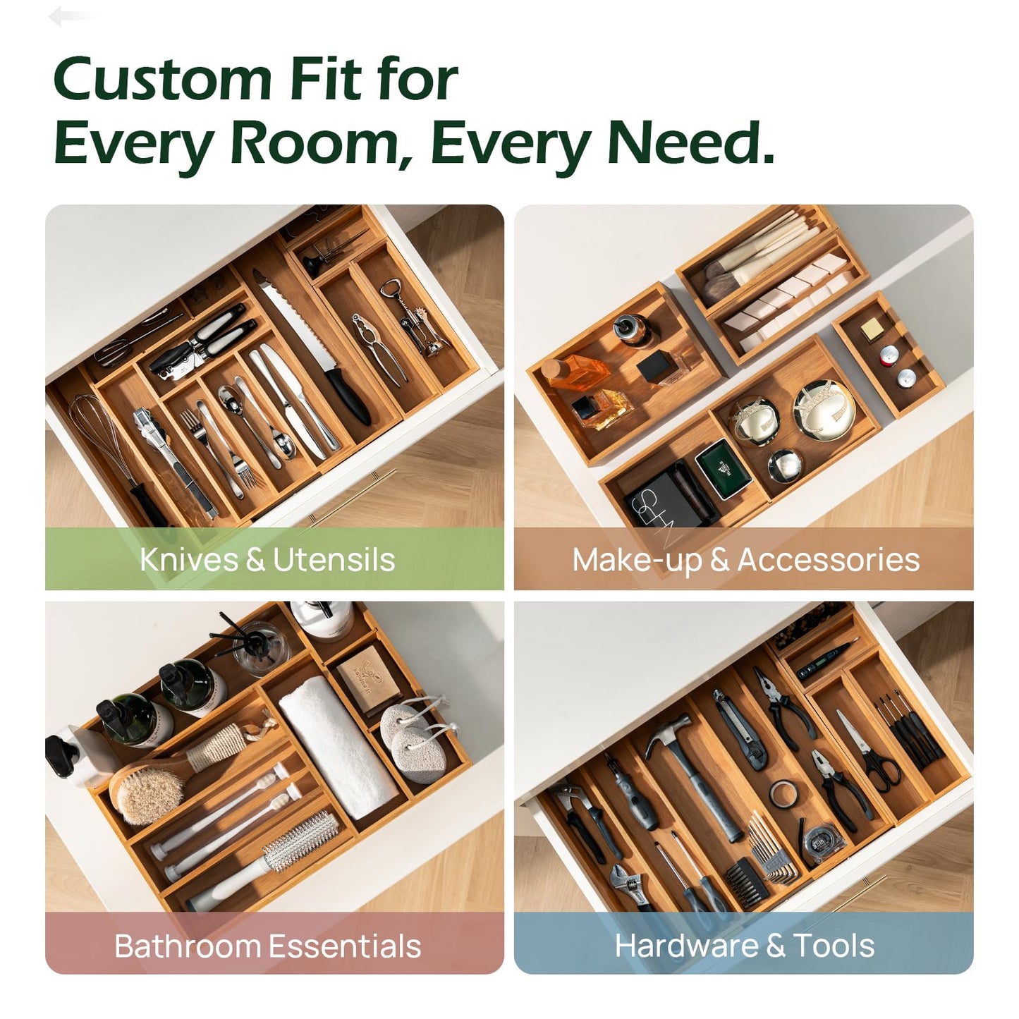 keechee Carbonized Bamboo Kitchen Drawer Organizer, 8-10 Slots Expandable Silverware Organizer, Utensil Holder & Cutlery Tray, 2.2" Deep for Extra Capacity, Non-Slip Feet Included.