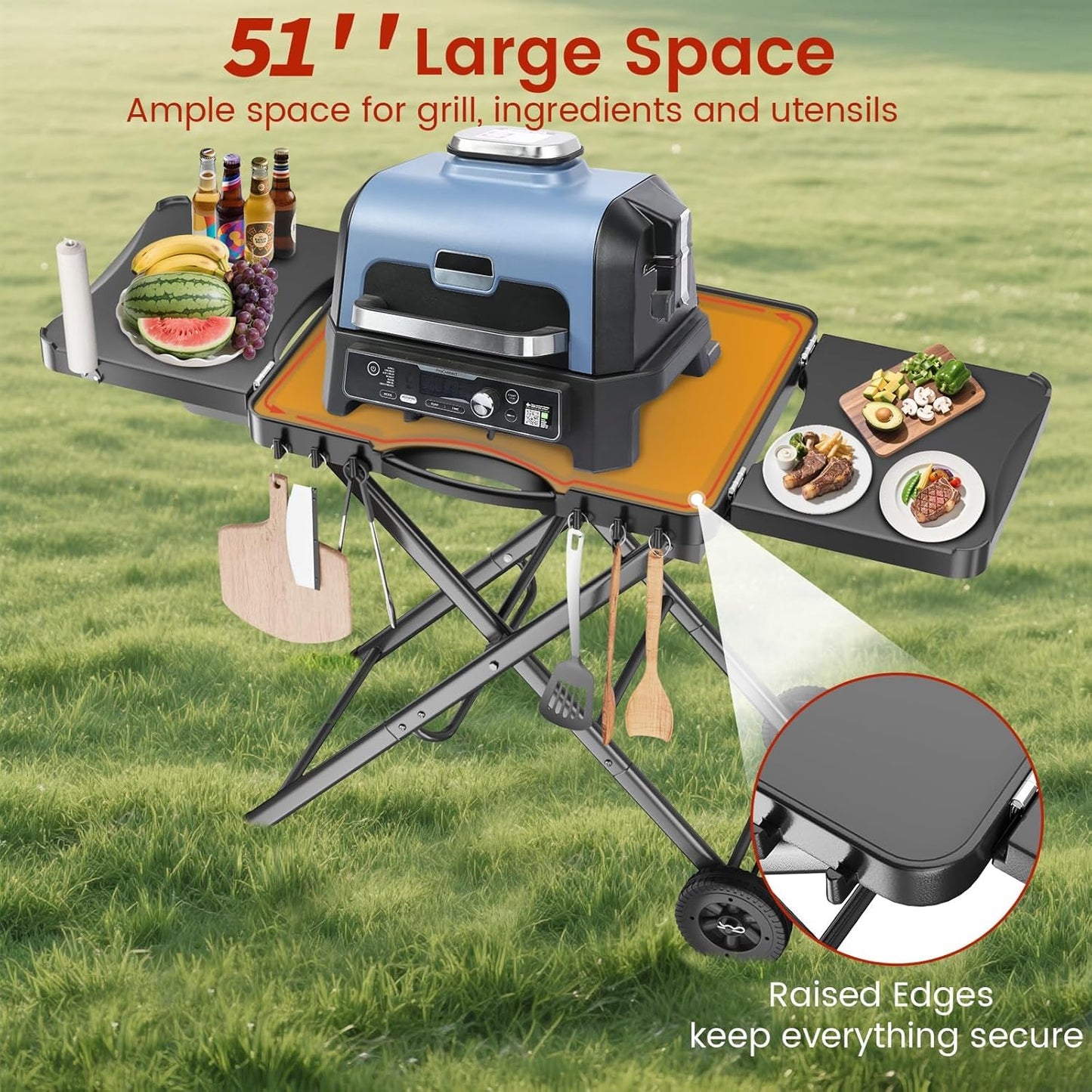 Outdoor Portable Grill Table Cart for Ninja Woodfire- OG701 OG850 OG951, 51in Large Foldable Grill Stand for Ninja Blackstone, Weber, with Paper Towel Holder and J-hooks