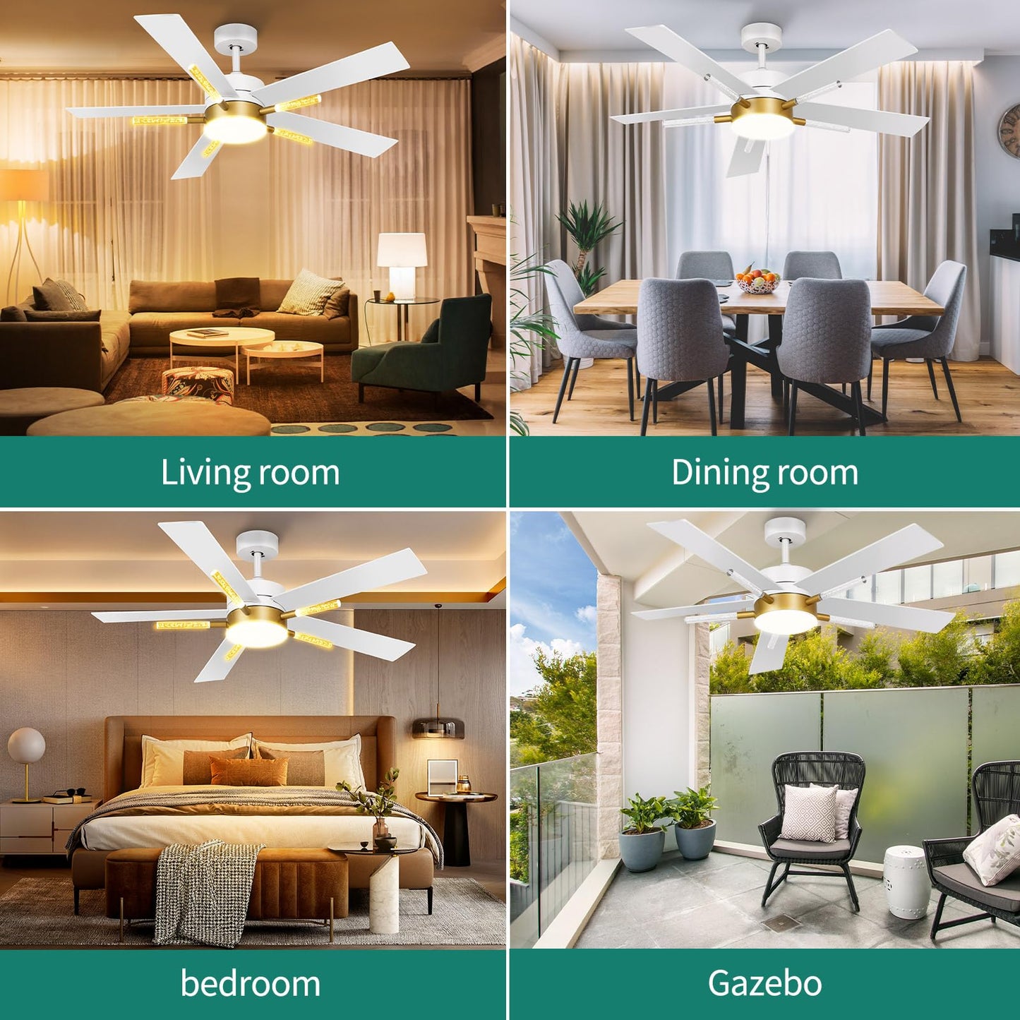 YITAHOME 60 Inch Ceiling Fan with Light and Remote, 5 Blades with Crystal Rod Design, Modern Chandelier Ceiling Fan with Reversible Quiet Motor, Indoor Fan with 3 LED Color, White &Gold