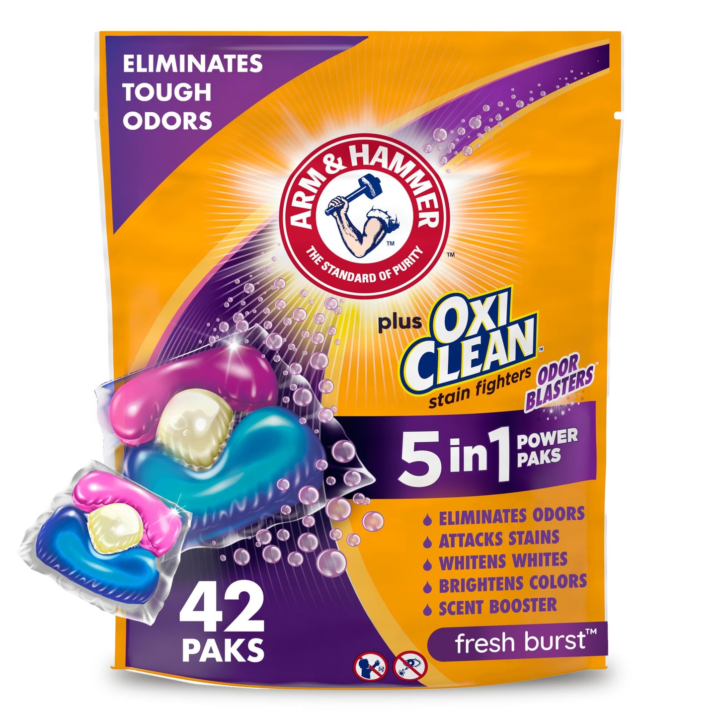 ARM & HAMMER Plus OxiClean with Odor Blasters 5-in-1 Laundry Detergent Power Paks, Laundry Odor Remover, Eliminates Odors, Attacks Stains, Fresh Burst Scent, 42 Count