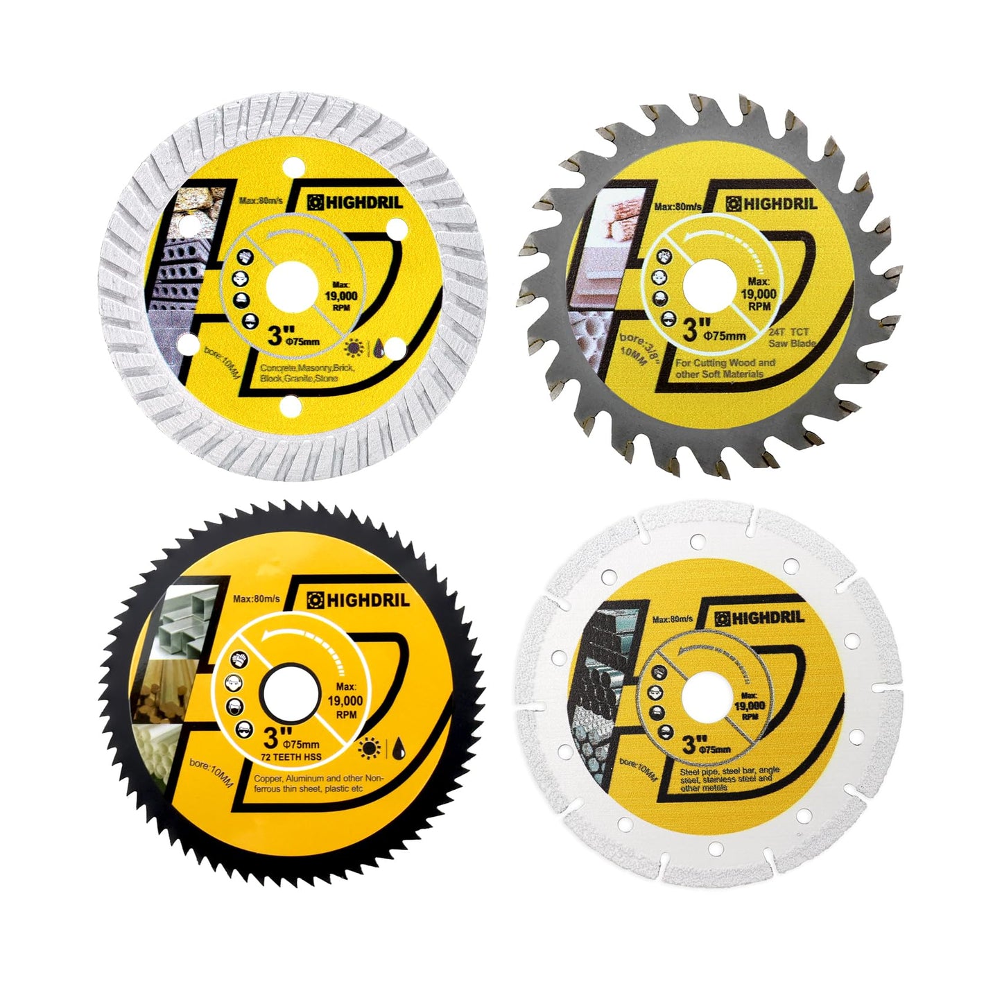 HIGHDRIL 3" 75mm Circular Saw Blade Set 4pcs - Diamond/HSS/TCT Cutting Disc for Angle Grinder Cutting Soft Metal Copper Aluminum Granite Tile Plastic Wood