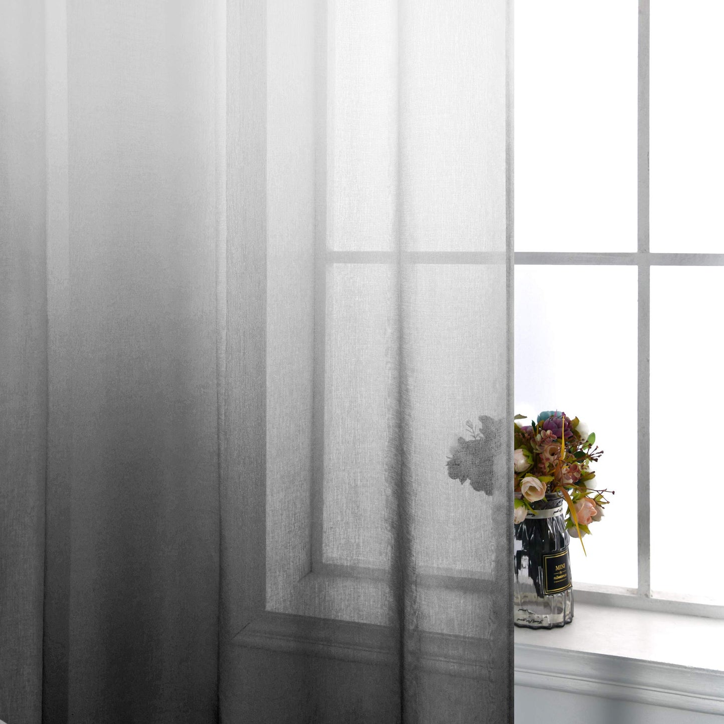 KOUFALL Modern Decorative Unique Faux Linen Ombre Semi Sheer White and Black Sheer Curtains for Living Room Bedroom Boys Room Decor Teen 52 x 84 Length 2 Windows Curtain Set Panels Rod Pocket