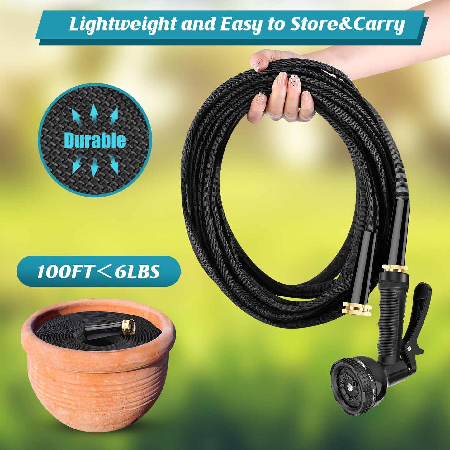 CXEZSIK Garden Hose Non-Expanding 100ft, Flexible Garden Hose with 10 Function Hose Nozzle, Lightweight, Kink Free and Water Hose for Outdoor,Yard, Lawn, Car Wash, Marine,and Camper Use