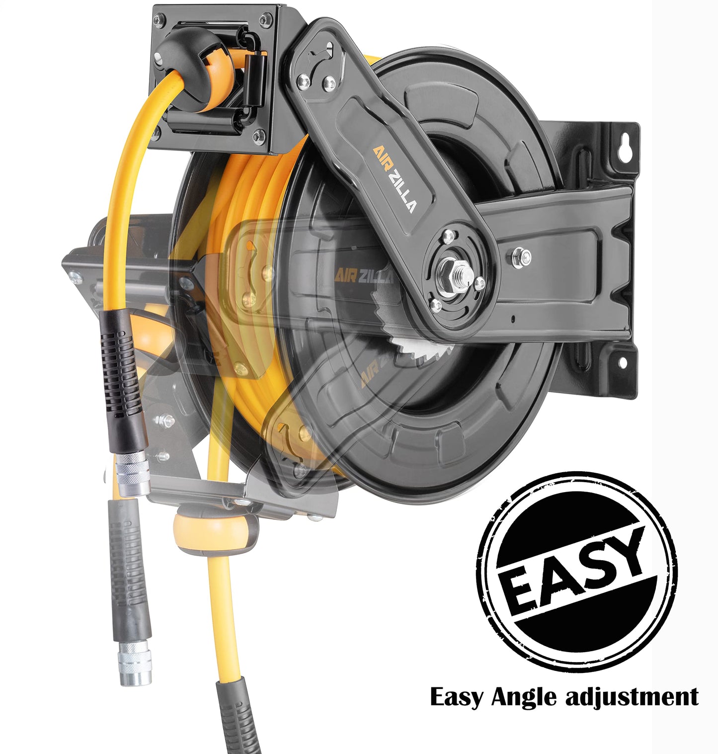 AIRZILLA Premium Steel Retractable Air Hose Reel With Dual Arm, 3/8"x50Ft Hybrid Polymer Hose, Heavy Duty Air Hose Reel included Auto Rewind Reel | Quick Air Coupler | Durable Double side Frame.