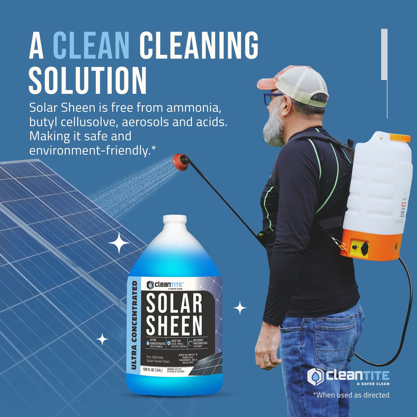 CLEANTITE Solar Panel Cleaner 1 Gallon (Makes 512 G) - Super Concentrated Cleaning Solution for Glass, Metal, Wood & Plastic - Remove Oil, Fingerprint & Water Spots - Multipurpose Solar Panel Cleaning