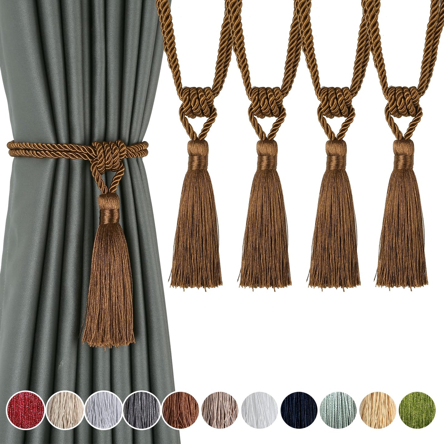 Fenghuangwu Curtain Tiebacks Tassel Tie-Backs, Rope Curtain tie Backs Handmade Curtain Holdbacks Made from Polyester (Coffee, 4p)