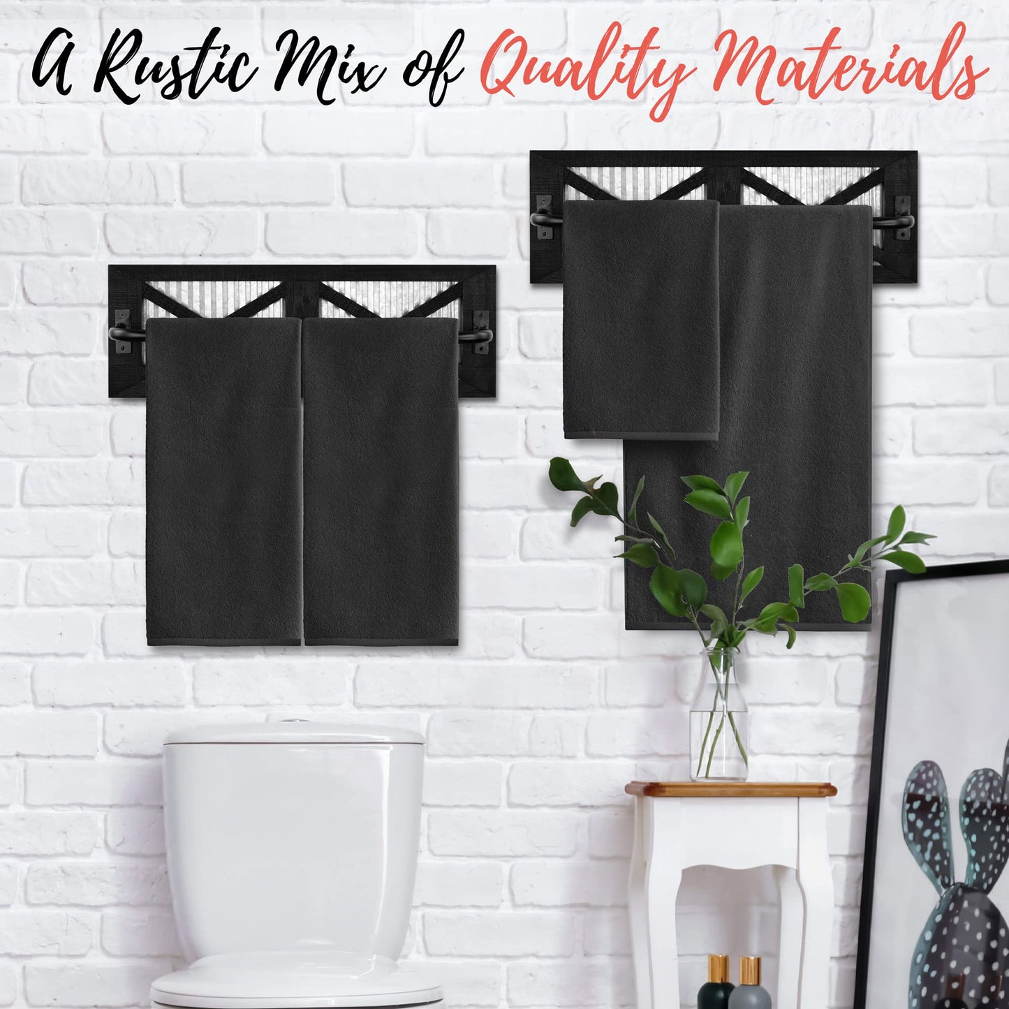 Autumn Alley Farmhouse Rustic Towel Rack Holder - Wood Towel Rack - Farmhouse Towel Holder for Rustic Bathroom and Farmhouse Kitchen Style Décor - 18" Wall Mounted, Set of 2, Rustic Black