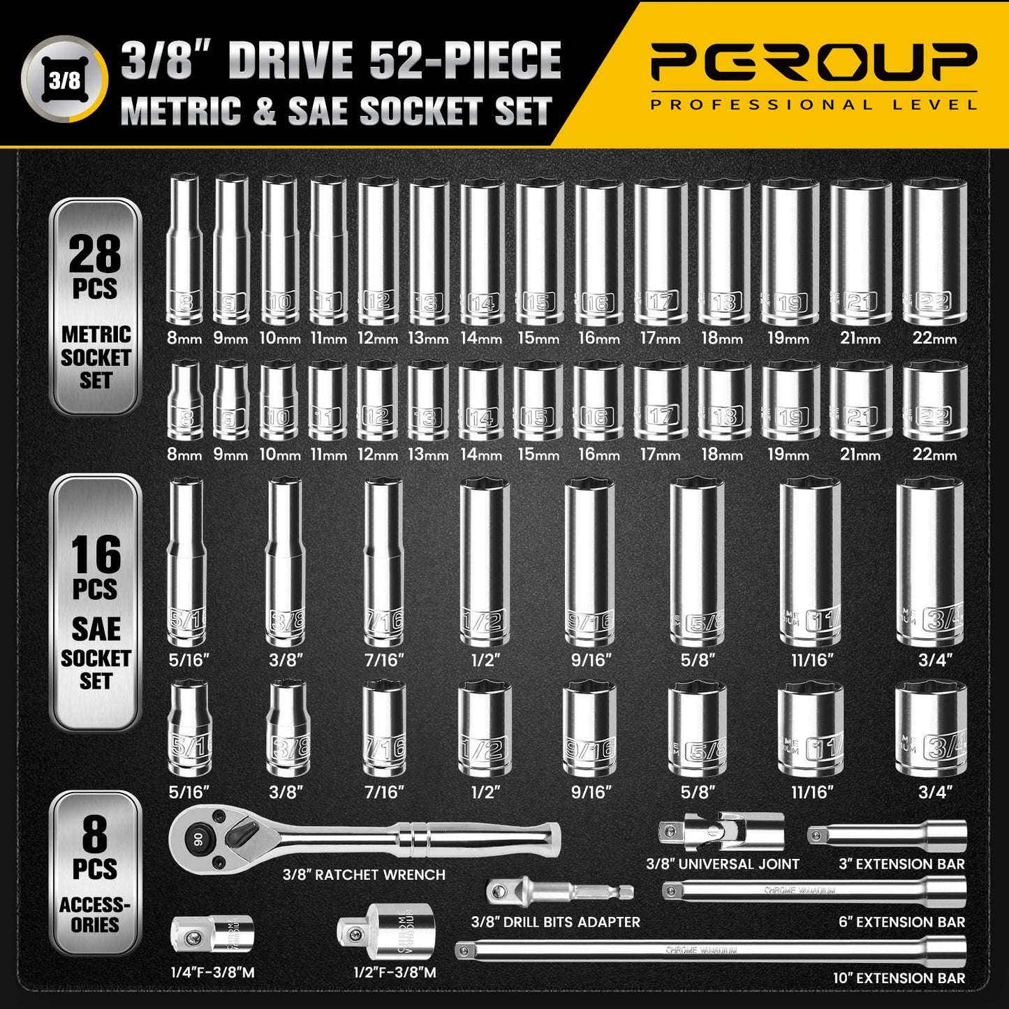 pgroup 3/8" Drive Socket Set, 52-Piece SAE (3/16-9/16 in) and Metric (4-14 mm) Deep & Shallow Socket Kit, 90-Tooth Ratchet Wrench, 6-Point, Chrome Vanadium Steel Mechanic Tool Set
