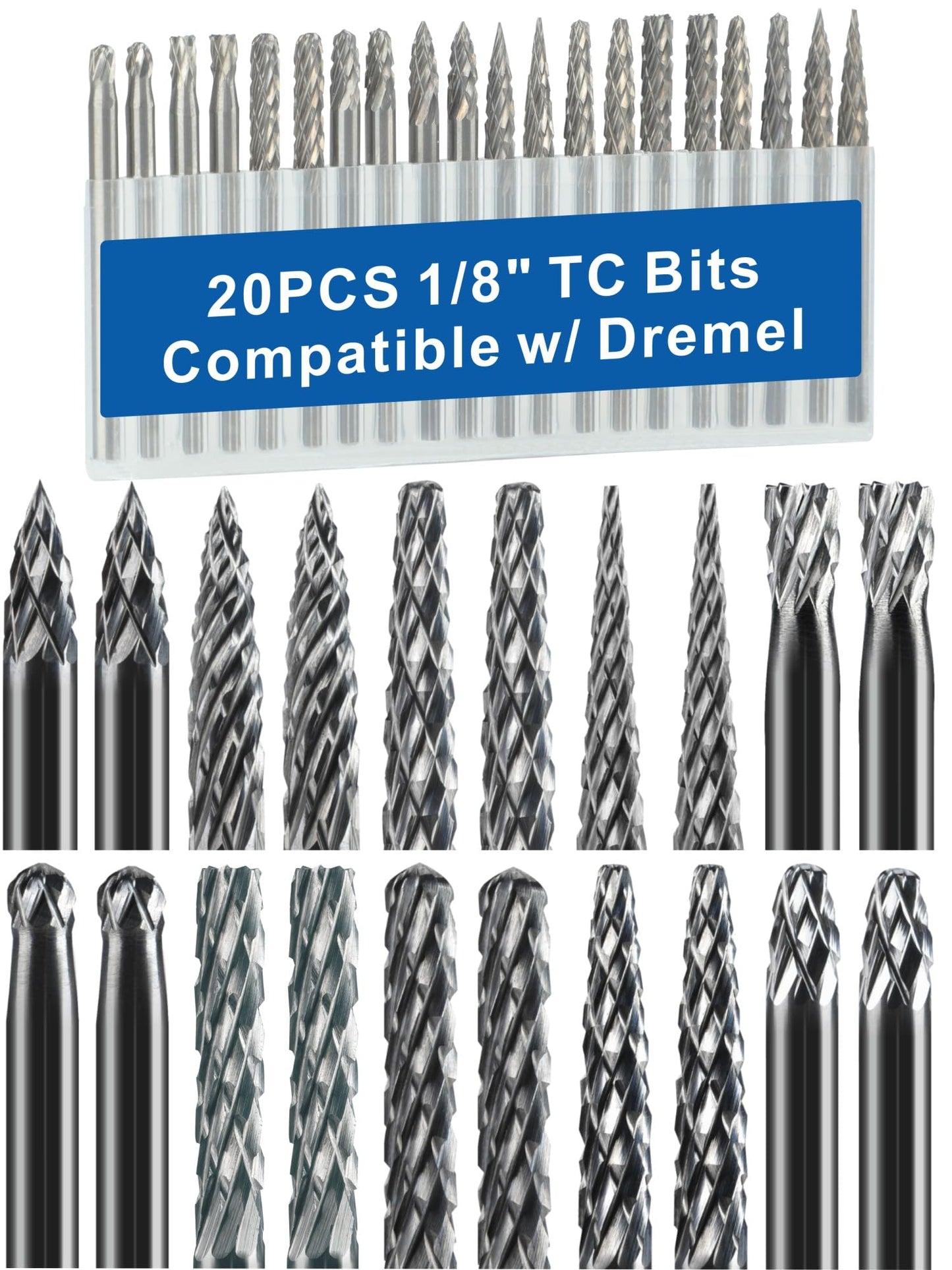 Sworker 20 Pcs Carbide Burr Set 1/8" Shank Compatible with Dremel Bits Rotary Tools Attachment Kit Rasp Drill File Accessories Metal Wood Stone Steel Grinding Carving Cutting Polishing Solid Tungsten