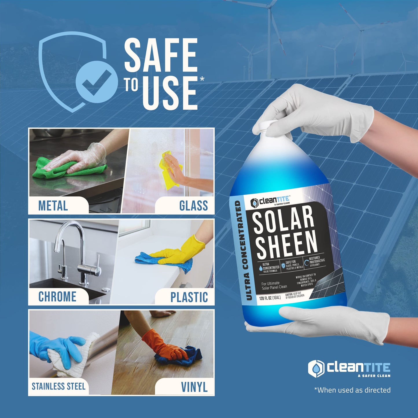 CLEANTITE Solar Panel Cleaner 1 Gallon (Makes 512 G) - Super Concentrated Cleaning Solution for Glass, Metal, Wood & Plastic - Remove Oil, Fingerprint & Water Spots - Multipurpose Solar Panel Cleaning