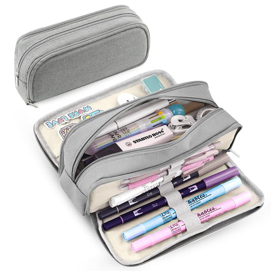 Large Capacity Pencil Case Pencil Pouch Pen Bag with 3 Compartment Stationery Organizer with Zipper, School Supplies Organizer for Teen Adults (Grey)