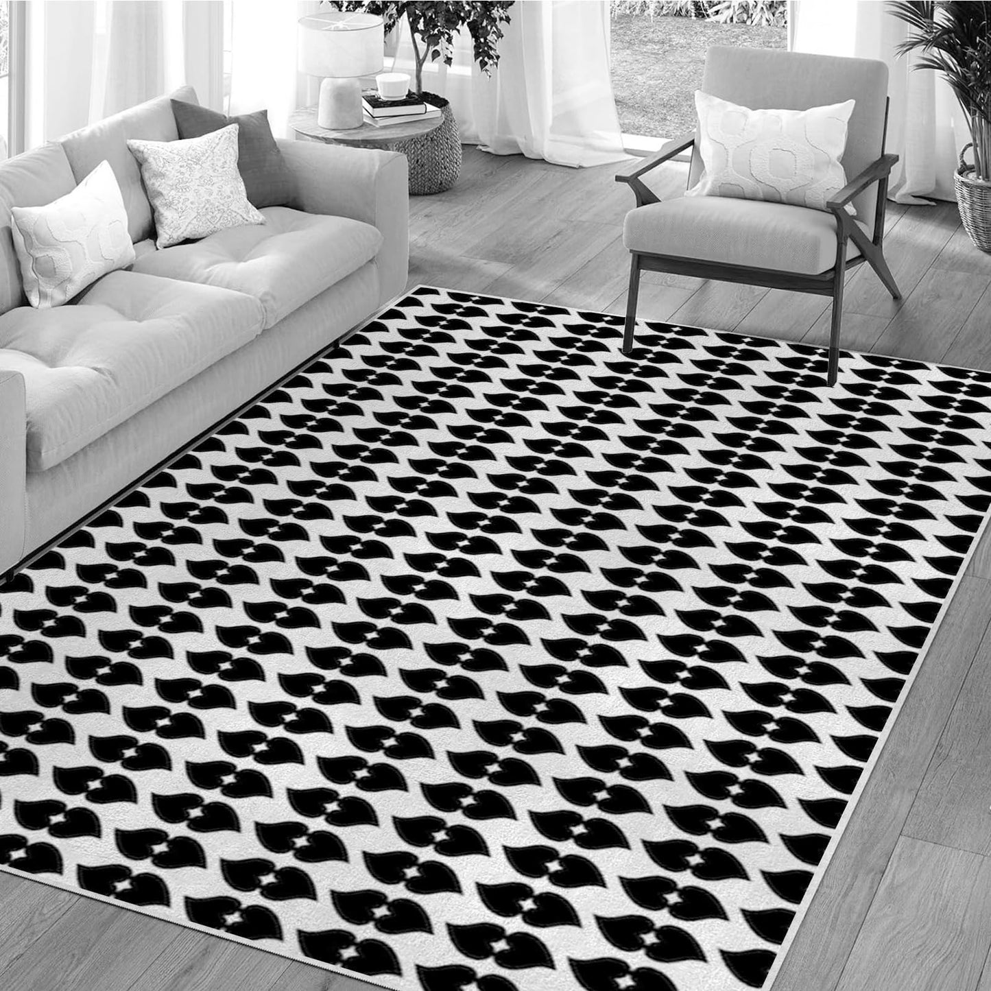 3×5ft Modern Geometric Floral Area Rug - Non Slip Low Pile Polyester Rug for Living Room,Bedroom,Office 3D Stereoscopic Vision,Machine Washable Geometric Design Carpet Black/White Q1903
