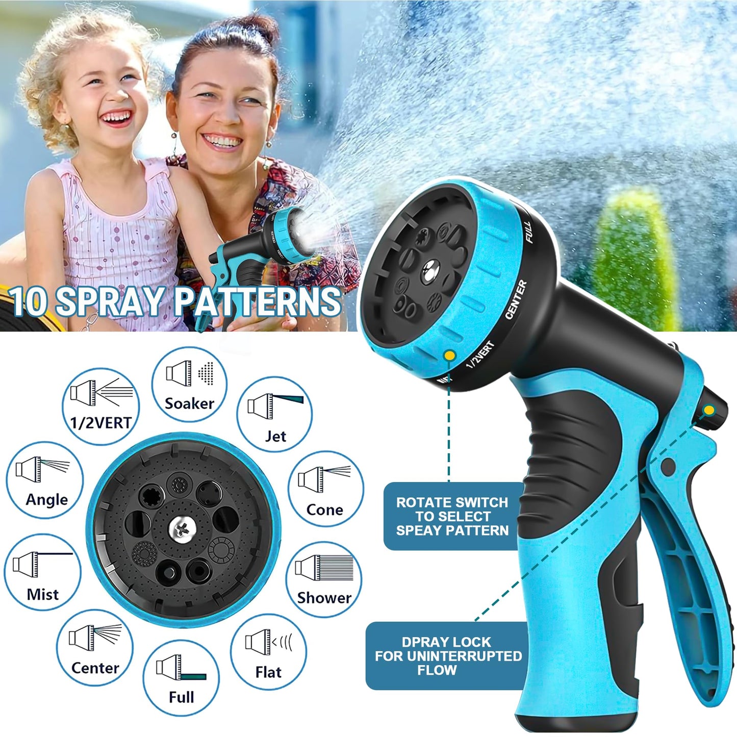 50 ft Expandable Garden Hose with 10 Function Spray Nozzle - New Patented Water Hose with 40 Layers of Innovative Nano Rubber - Lightweight, Durable, Flexible, 50ft Retractable Stretch Hose (Blue)