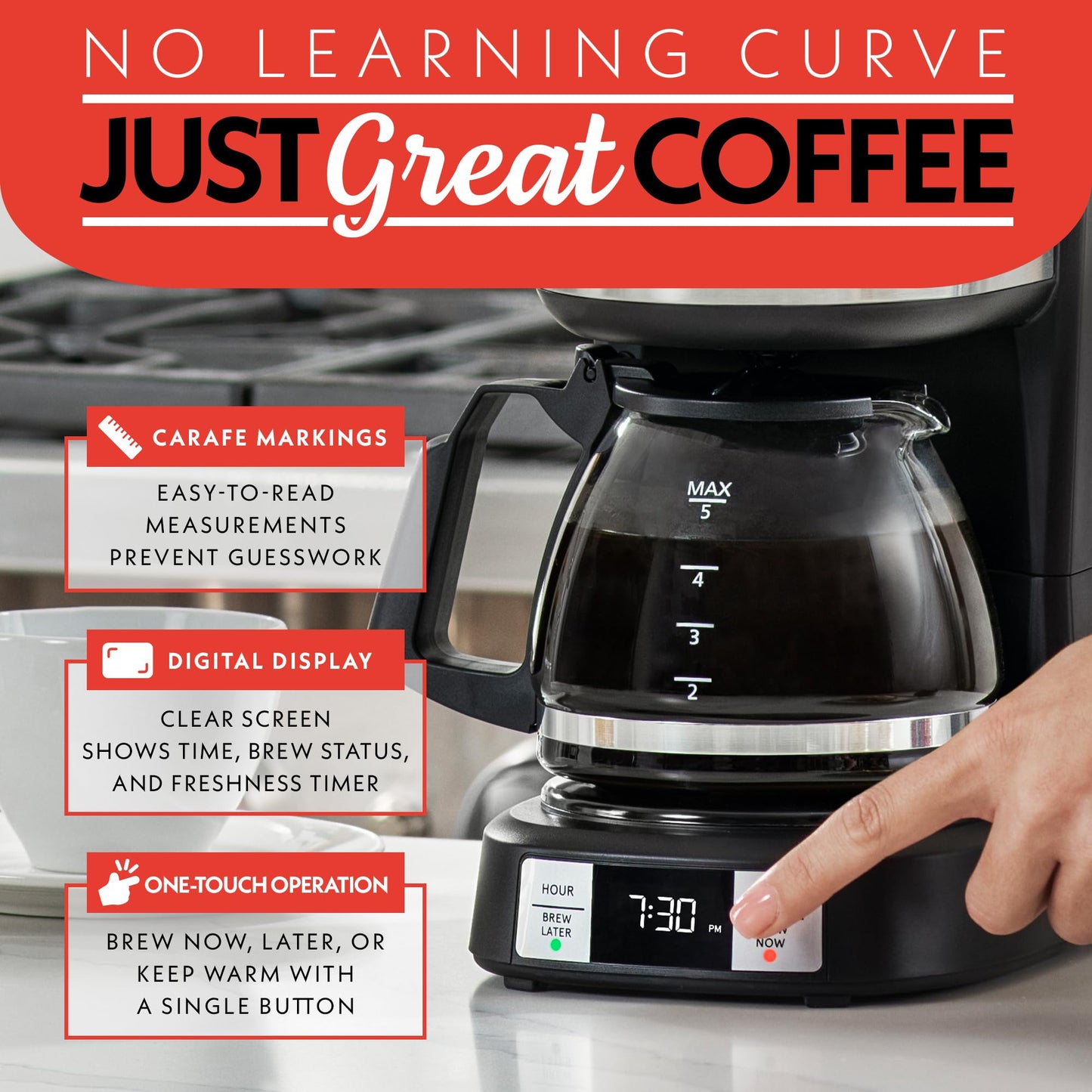 Gourmia GCM3518 5-Cup Programmable Drip Coffee Maker, Brew Later Timer, Adjustable 4-Hr Keep Warm, Pause & Serve, Freshness Timer, 700 W Compact Glass Carafe, EZ-View Water Window