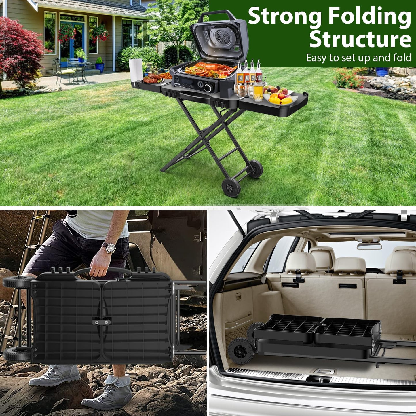 BBQMall Portable Indoor Grill Table Stand for Ninja Woodfire Outdoor Grill(OG701 OG850 OG951 Series), 51in Large Space, Folding Camping Tailgating Table for Blackstone Griddle/Onni Pizza Oven,2 Wheels