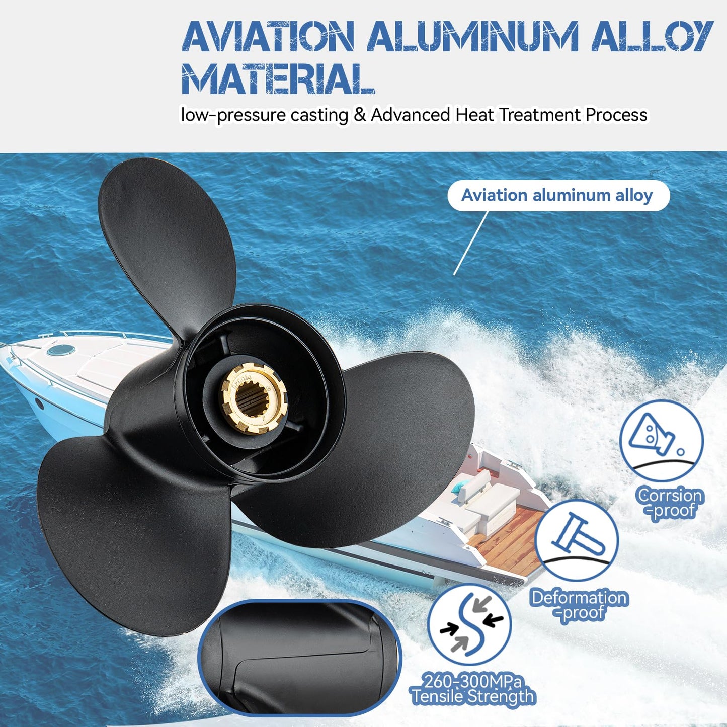 Qiclear 13 1/4x17 Pitch 48-77344A45 OEM Upgrade Aluminium Boat Propeller fit Mercury Outboard Motos 60 75 90 100 115 Hp,15 Spline Tooth,Hub Kits Included,Rh,13.25 x 17p