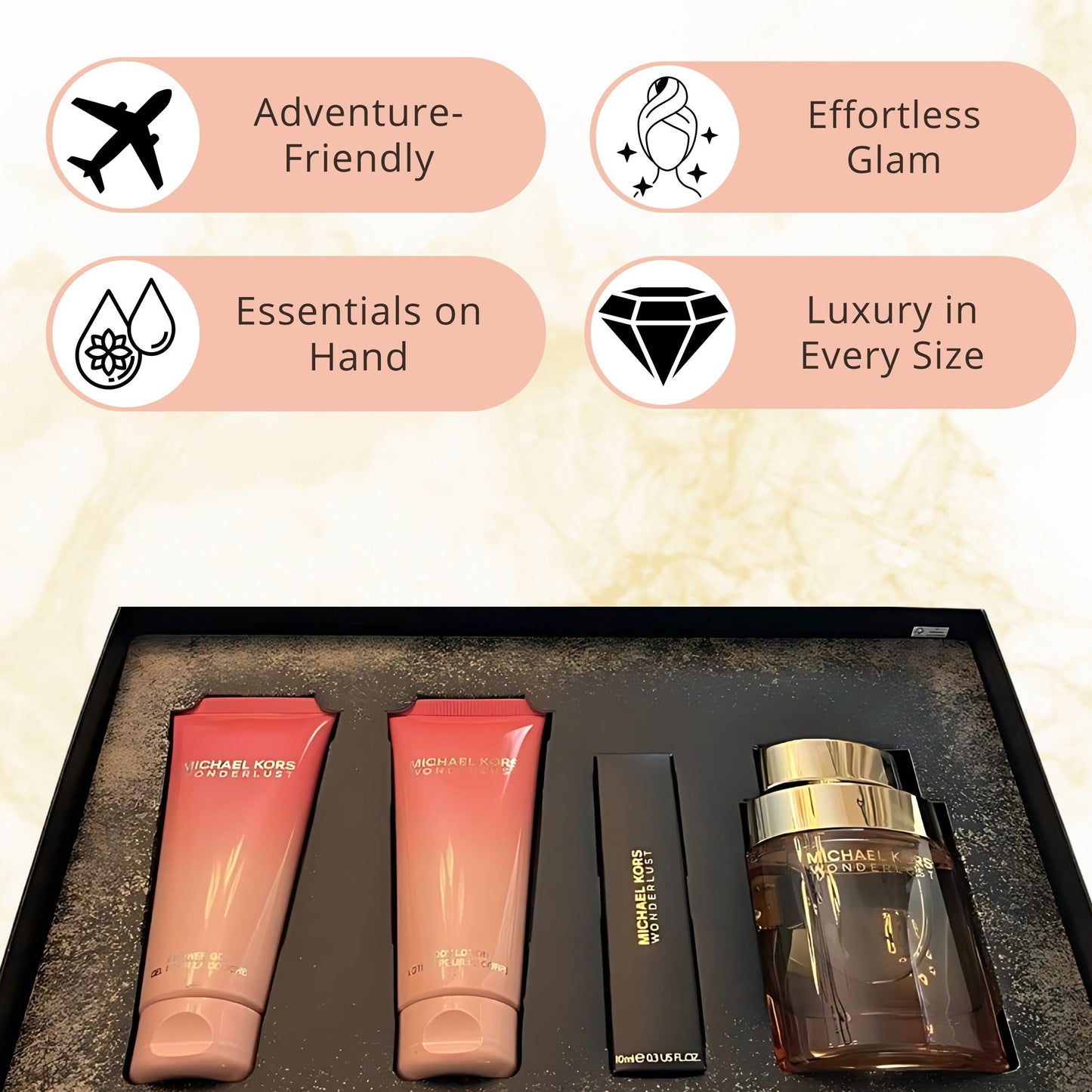 Michael Kors Wonderlust for Women 4 Pieces Gift Set, (3.4 Ounce Eau de Parfum Spray +3.4 Ounce Body Lotion +3.4 Ounce Shower Gel + 0.3 Ounce Eau de Parfum Spray)