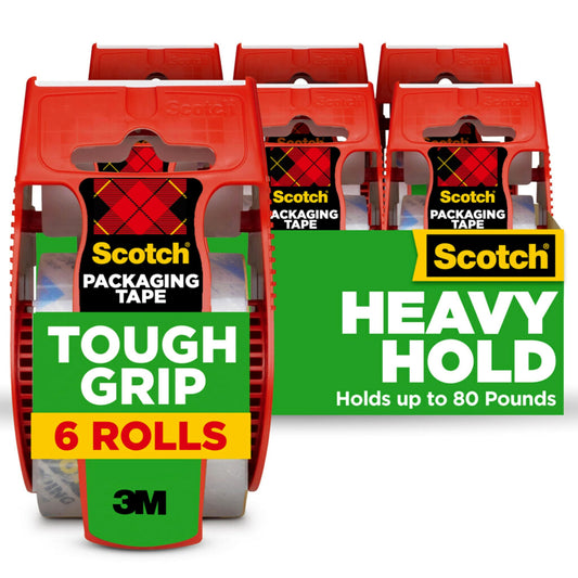 Scotch Tough Grip Packing Tape, Clear, Moving Tape That Secures Boxes up to 80 Pounds, Holiday Shipping Tape for Large Boxes, 1.88 in. x 22.2 yd., 6 Tape Rolls with Dispensers