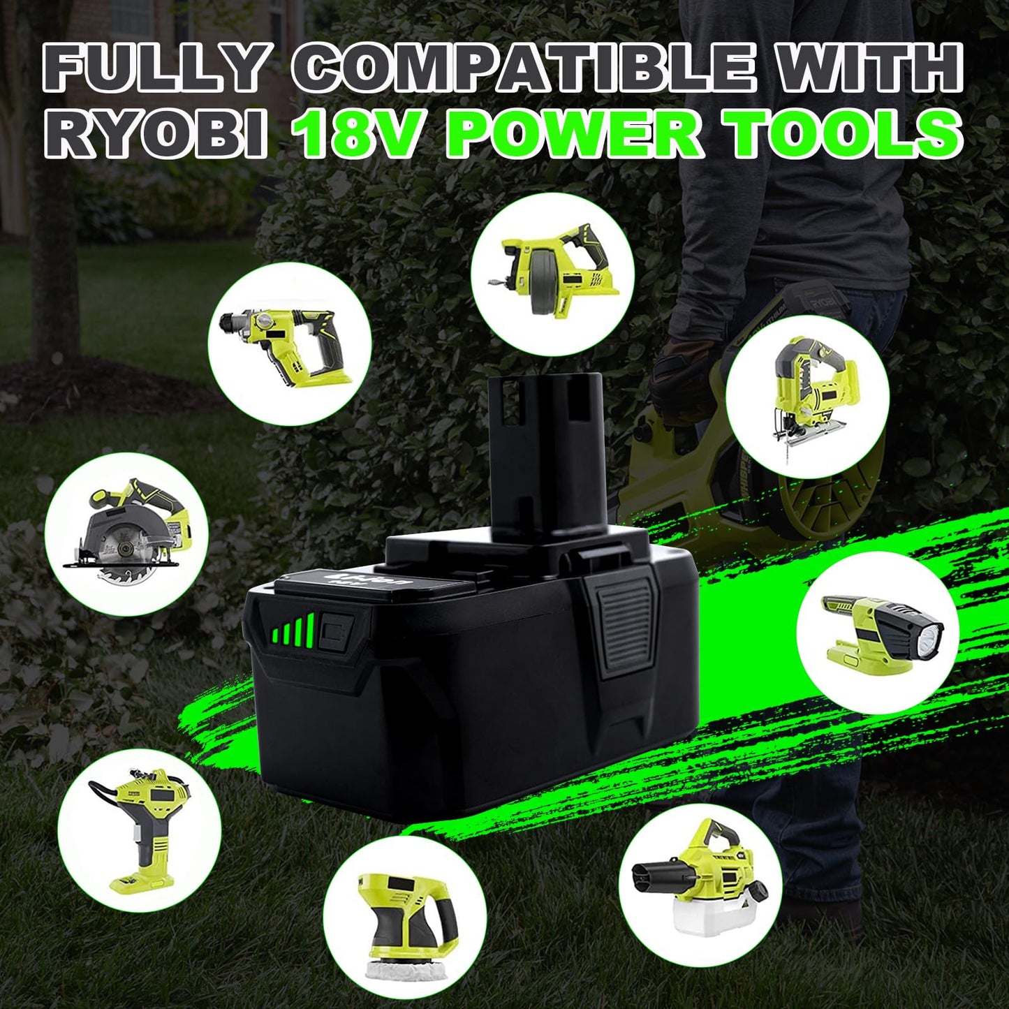 Upgrade 8000mAh High Capacity Replacement for Ryobi 18V Battery P108 P104 P105 P102 P103 P122 P109 Li-ION Compatible with Ryobi 18V ONE+ System Cordless Power Tools and Charger,2Pack