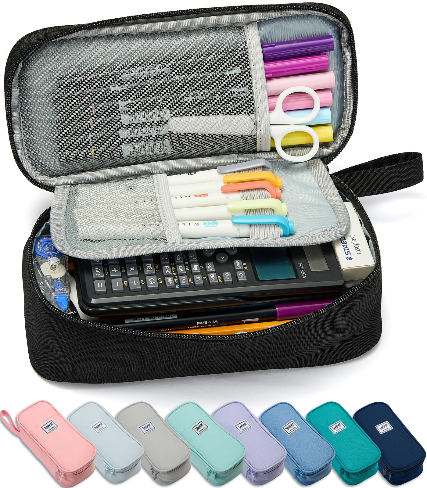 SPACEMATE Pencil Case Pouch Box Bag School Supplies Girls Boys Kids, Cute Preppy Stuff Large Big Capacity Aesthetic Pen Organizer, Back to College Stationary, Black, Classic Stlye, 1800ml