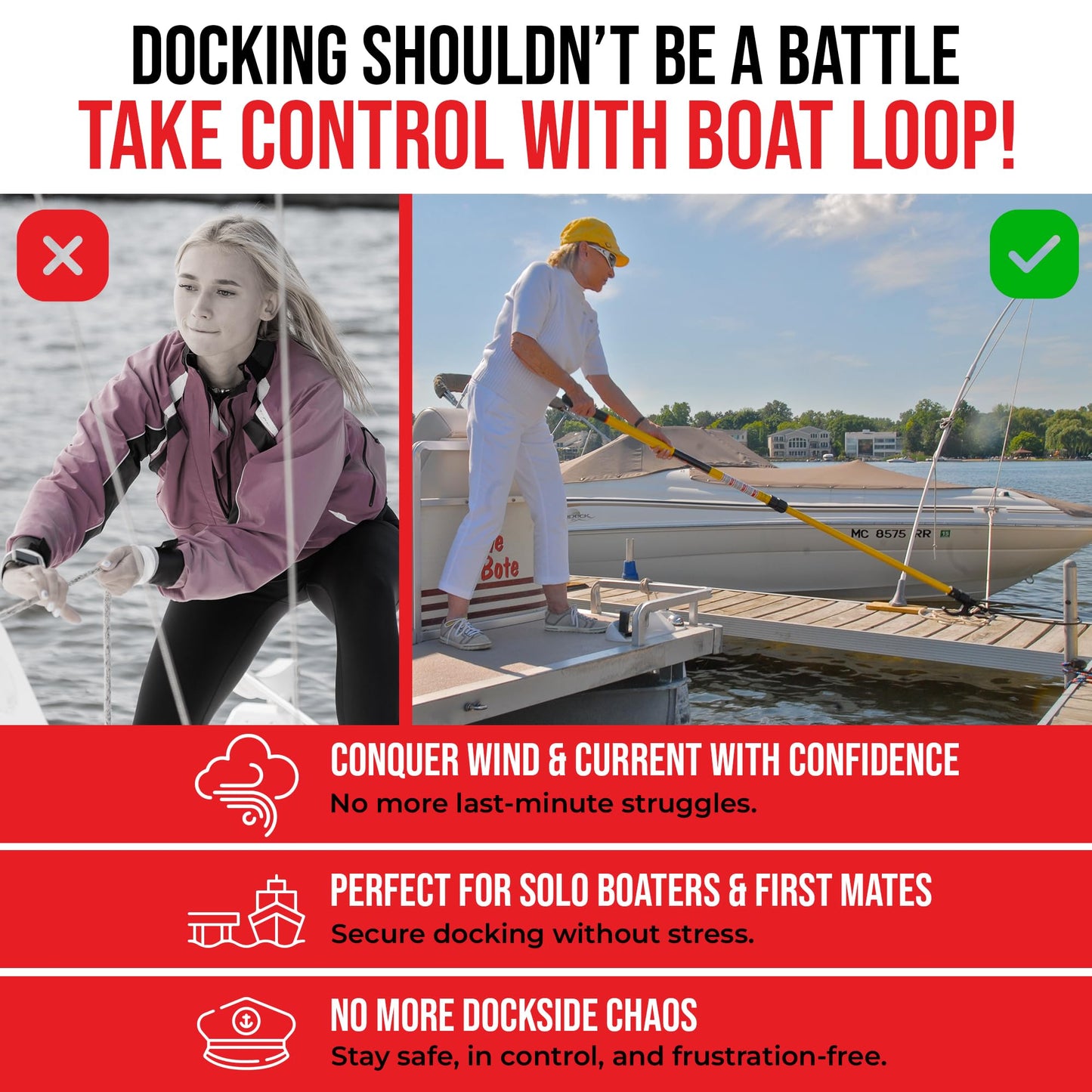 Boat Loop Extendable Fiberglass Boat Hook with Flexible Loop & Quick-Release System - Adjustable 2-8ft Pole with Rubber Guard for Boats - Versatile Marine Tool for Rope Handling & Docking