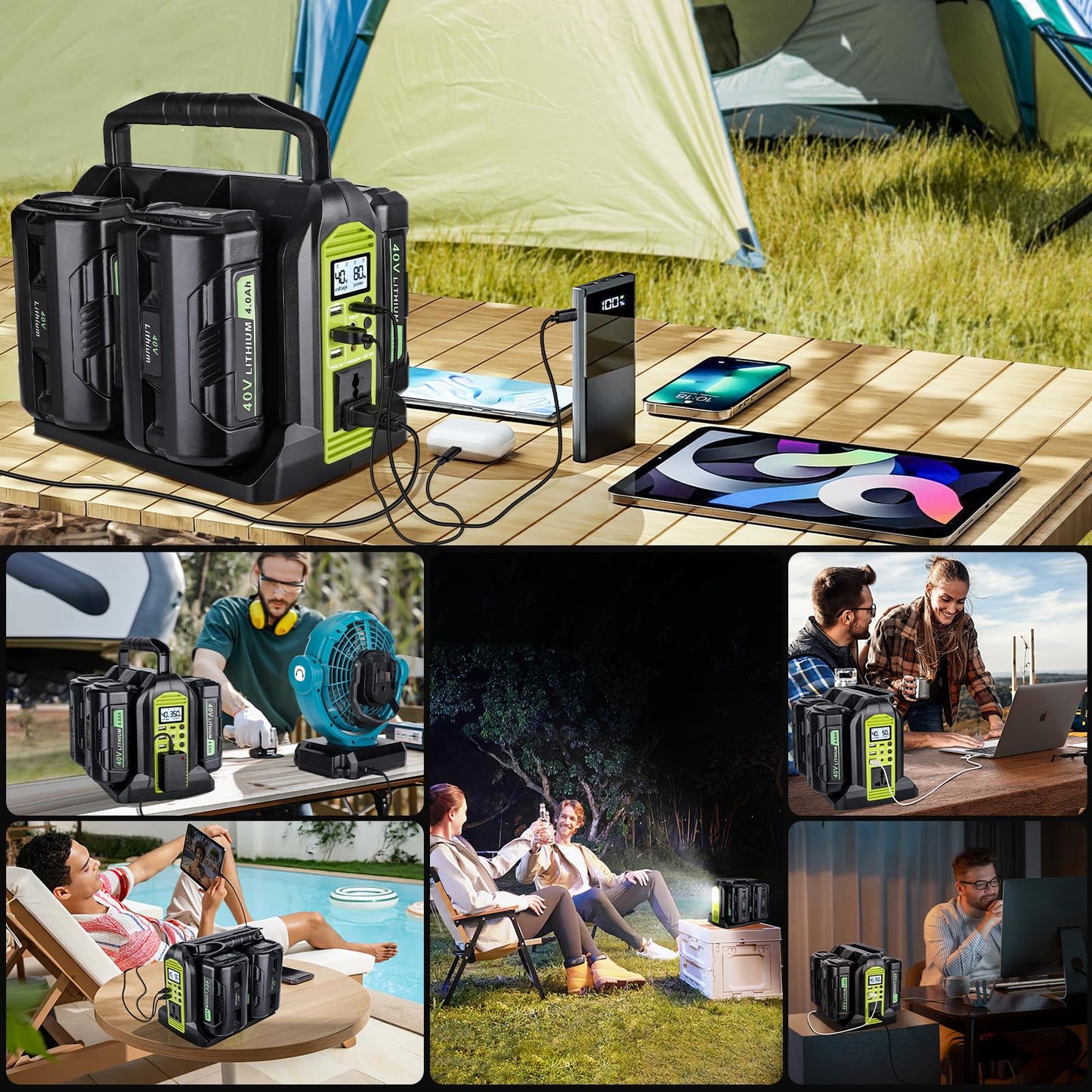 Power Inverter for Ryobi 40V Battery, 350W 4-Port Power Station DC 40V to AC 120V, Battery Converter Generators with LED Light, 6 Output Ports for RV Camping, Emergency(Battery Not Included)