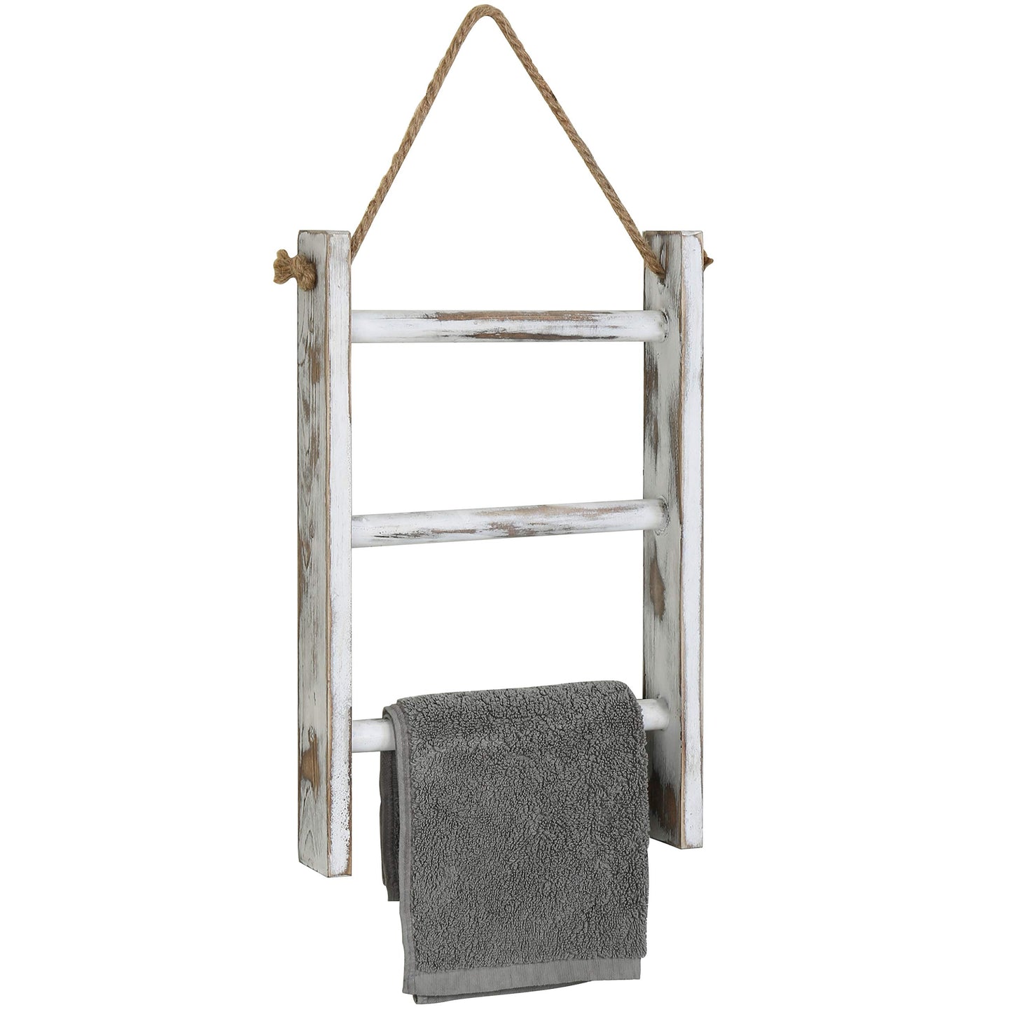 MyGift Rustic Hand Towel Holder, Whitewashed Solid Wood Farmhouse Bathroom Decor, Small Blanket Ladder for Home Decor, Wall Mounted Towel Rack for Shabby Chic Decor
