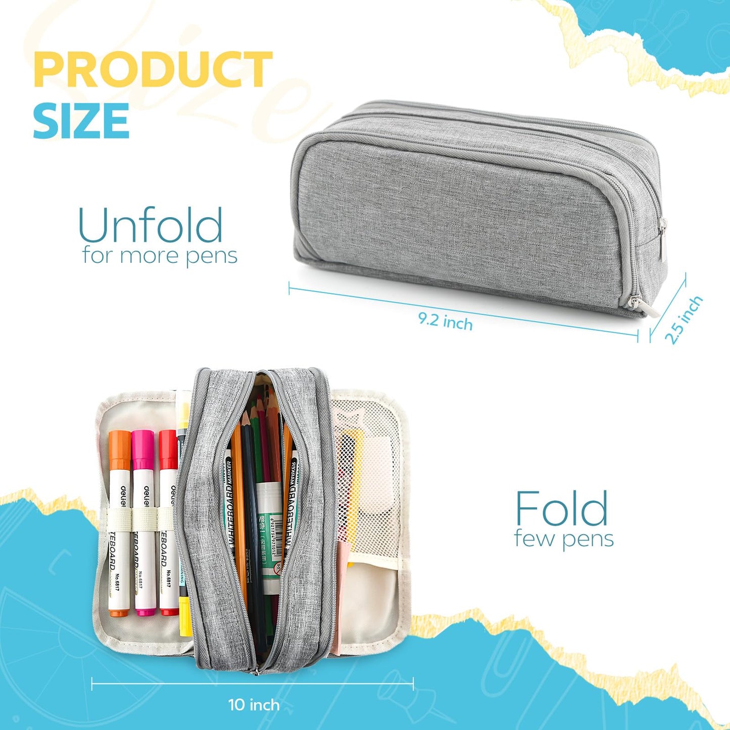 Large Capacity Pencil Case Pencil Pouch Pen Bag with 3 Compartment Stationery Organizer with Zipper, School Supplies Organizer for Teen Adults (Grey)