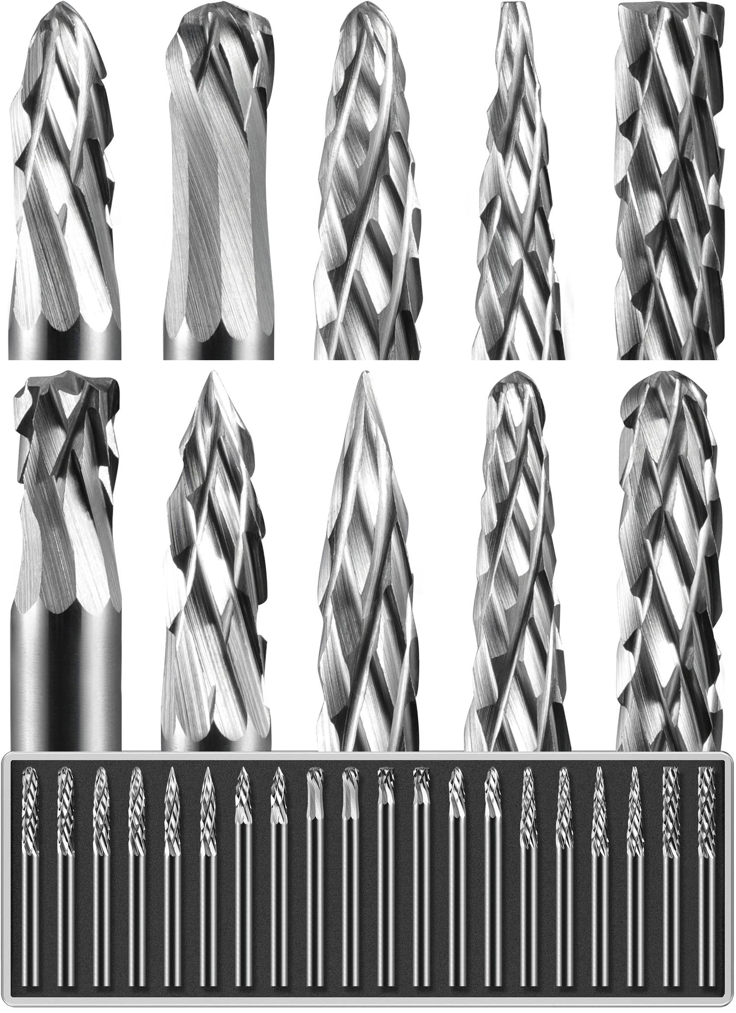 Sworker 20 Pcs Carbide Burr Set 1/8" Shank Compatible with Dremel Bits Rotary Tools Attachment Kit Rasp Drill File Accessories Metal Wood Stone Steel Grinding Carving Cutting Polishing Solid Tungsten