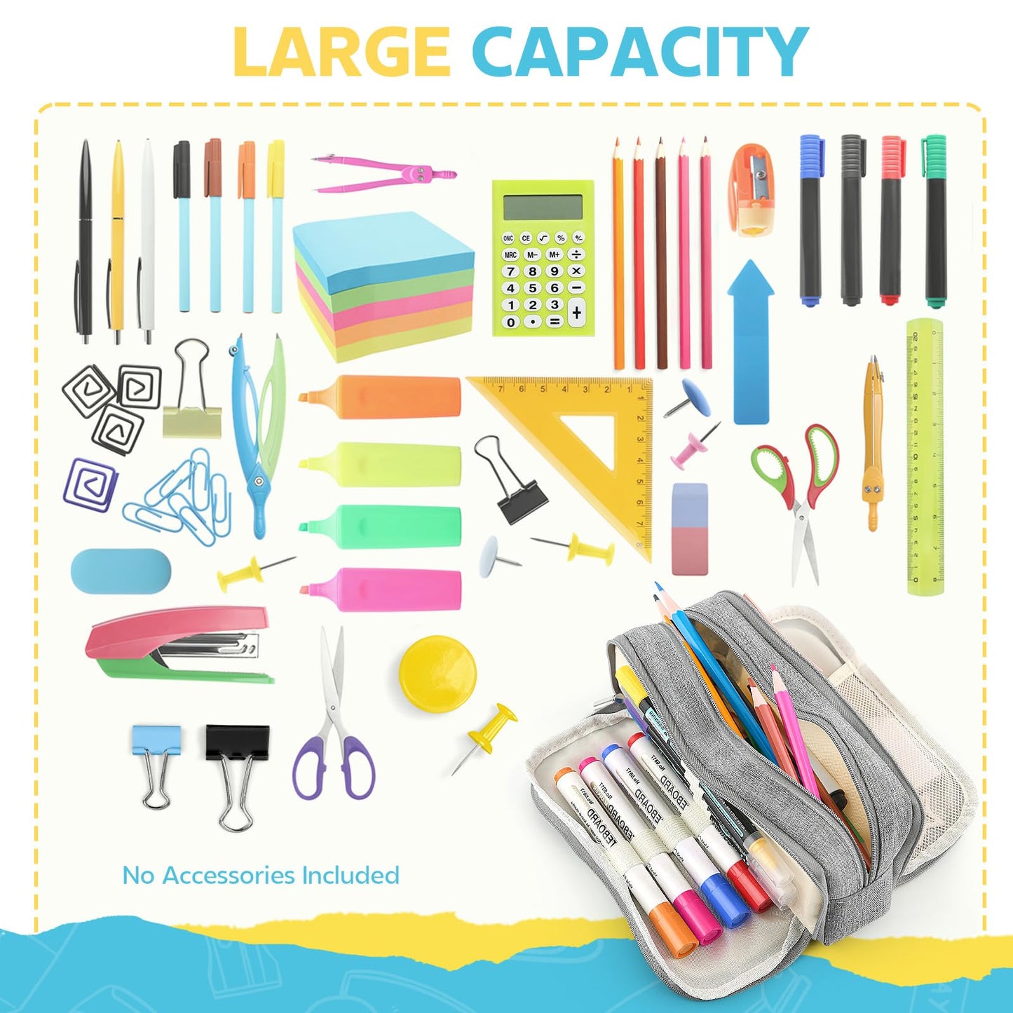 Large Capacity Pencil Case Pencil Pouch Pen Bag with 3 Compartment Stationery Organizer with Zipper, School Supplies Organizer for Teen Adults (Grey)