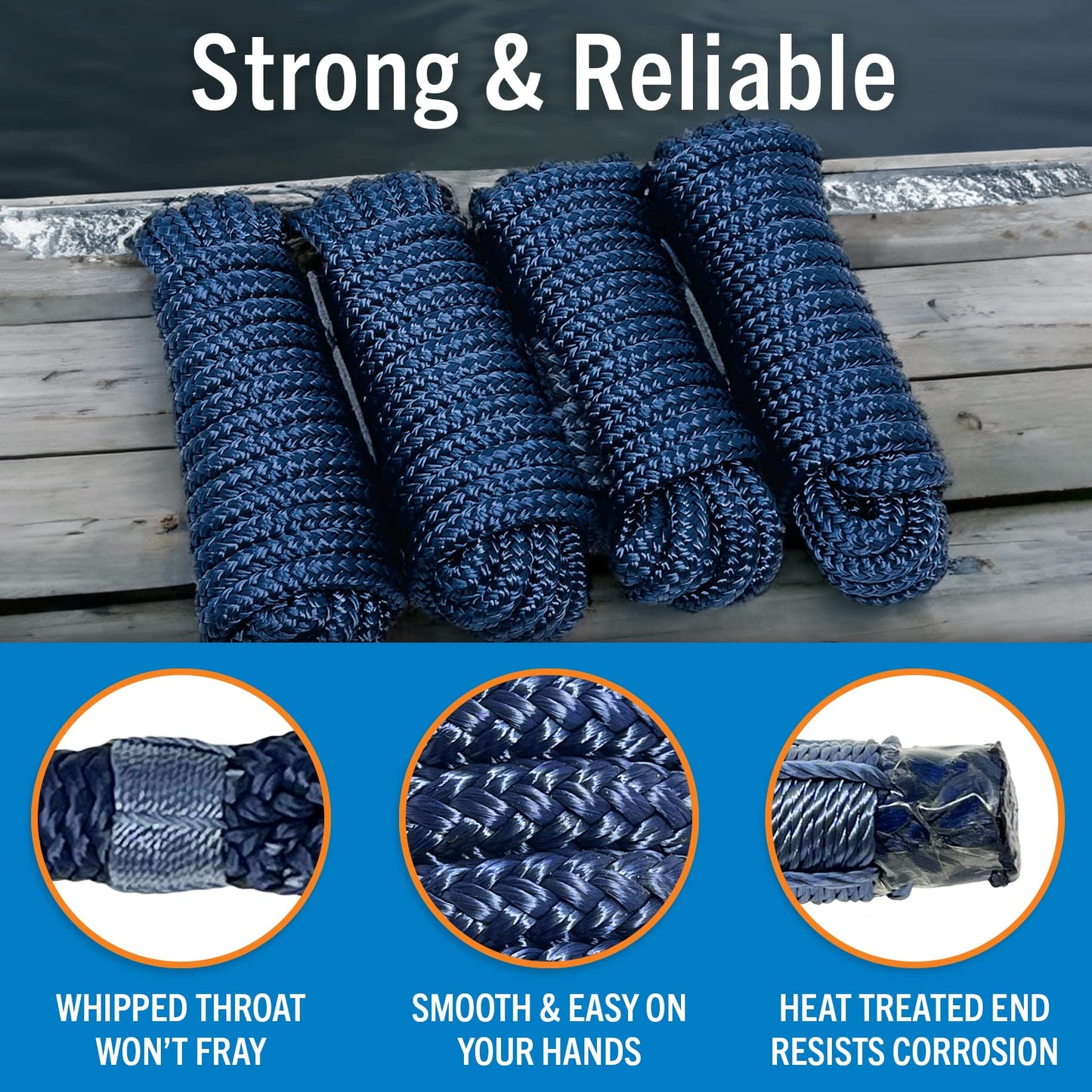 Dock Lines Boat Ropes for Docking, 3/8" Double Braided Mooring Marine Rope, 15ft Nylon Rope with Loop, Navy Blue, 4 Pack