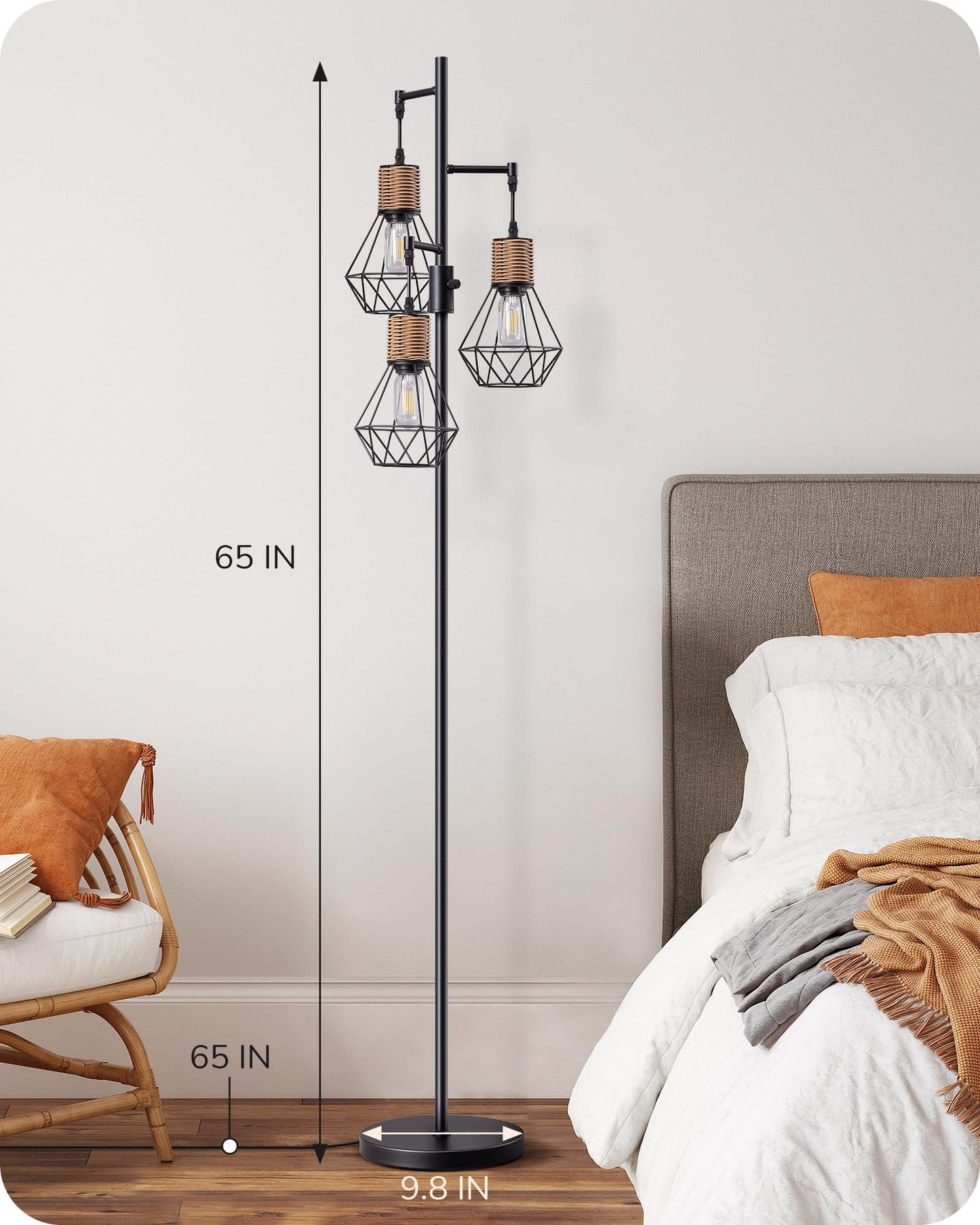 EDISHINE Dimmable Industrial Floor Lamp, Farmhouse Standing Lamp for Living Room, Diamond-Shaped Cage, Corner Rustic Rattan Reading Lamps for Bedroom, Office, Black