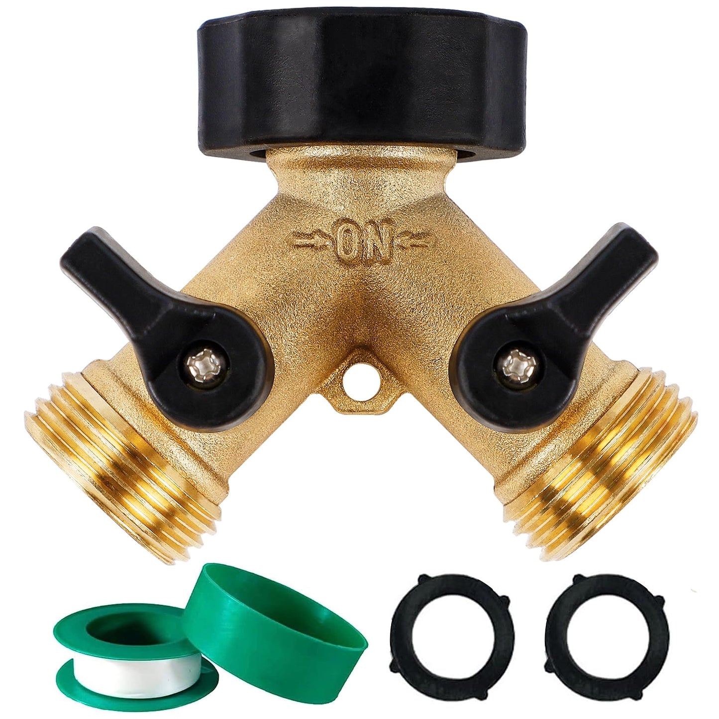 Biswing Garden Hose Splitter 2 Way, Heavy Duty Brass Connector Tap Splitter, Y Splitter 2 Valves with 2 Extra Rubber Washers