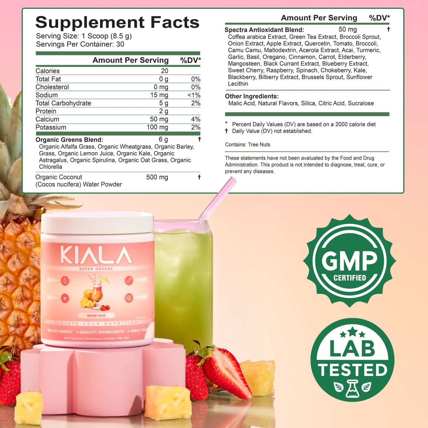 Kiala Nutrition Super Greens, Organic Greens Powder with Spirulina & Chlorella for Digestion, Gut Health, Immunity & Energy, Gluten Free, Vegan, Tropical Splash + Miami Vice, 30 Servings Each