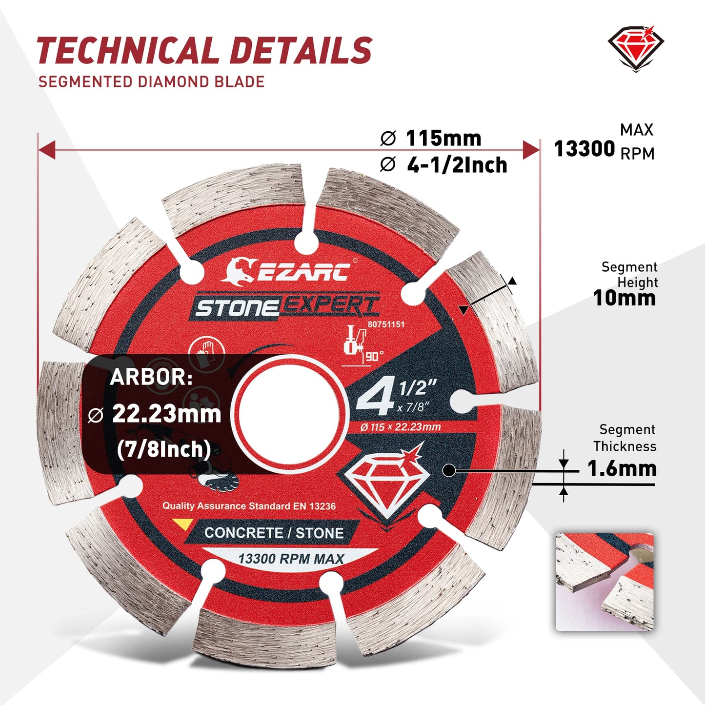 EZARC 4-1/2 inch Segmented Diamond Blade, Diamond Cutting Wheel for Angle Grinder Stone Master, 4.5" Stone Blade for Cutting Concrete Granite Masonry Brick, 7/8"-20mm-5/8 Arbor (2-Pack)