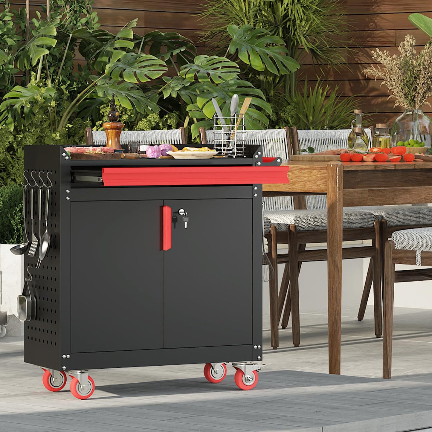 Eltean Metal Grill Cart - Outdoor Grill Cart with Storage,Grill Table with Wheels,Outdoor Bar Cart with Adjustable Shelf for Kitchen Prep and Patio BBQ